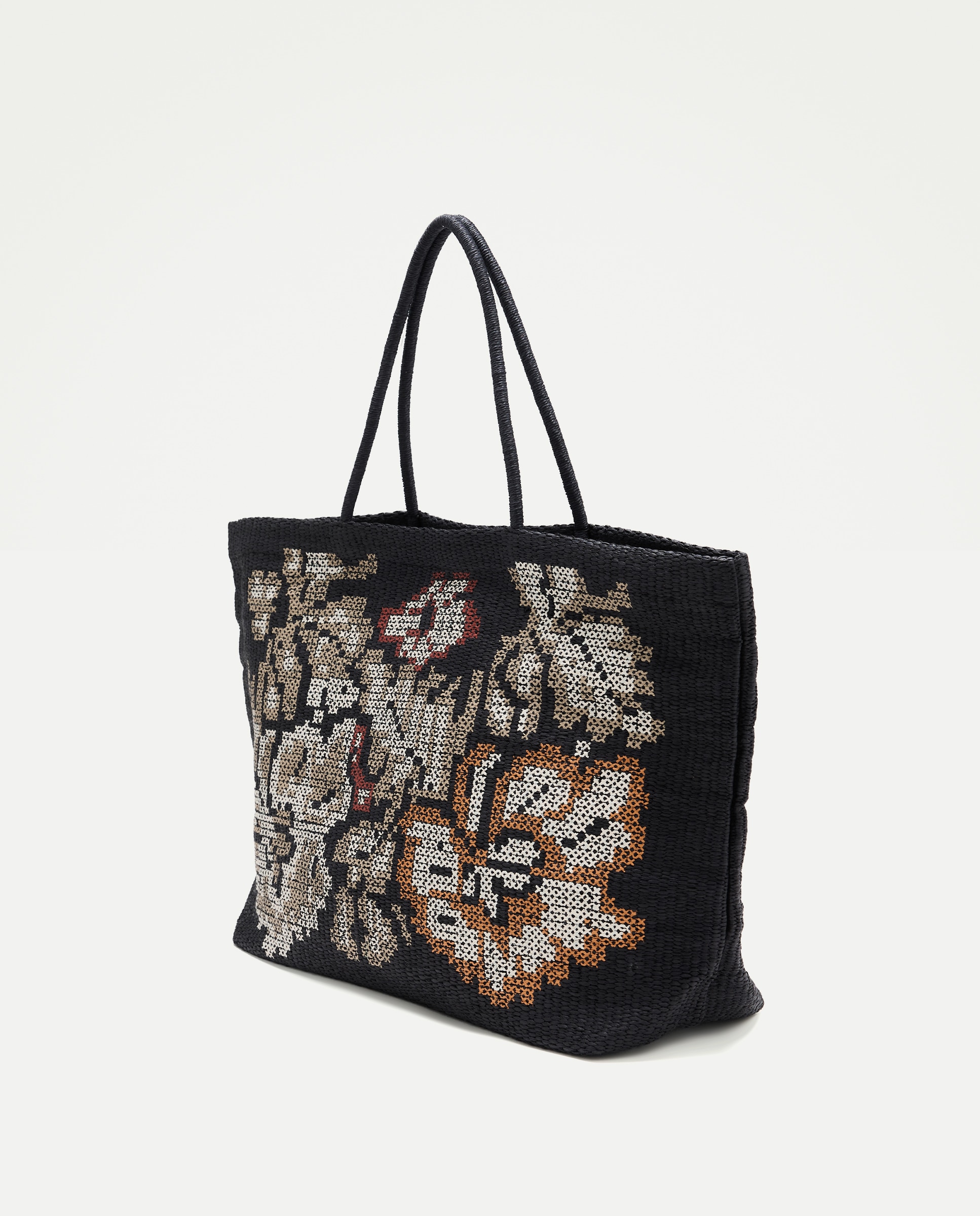 Mala Grande com Efeito de Ráfia e Estampado Floral 430 Azul Escuro-2