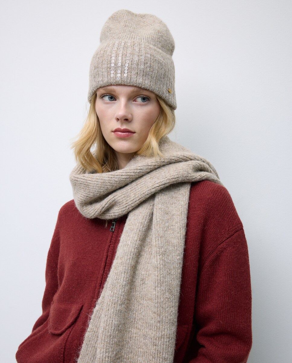 Conjunto de Gorro e Cachecol com Adorno de Lantejoulas 730 Camel-6