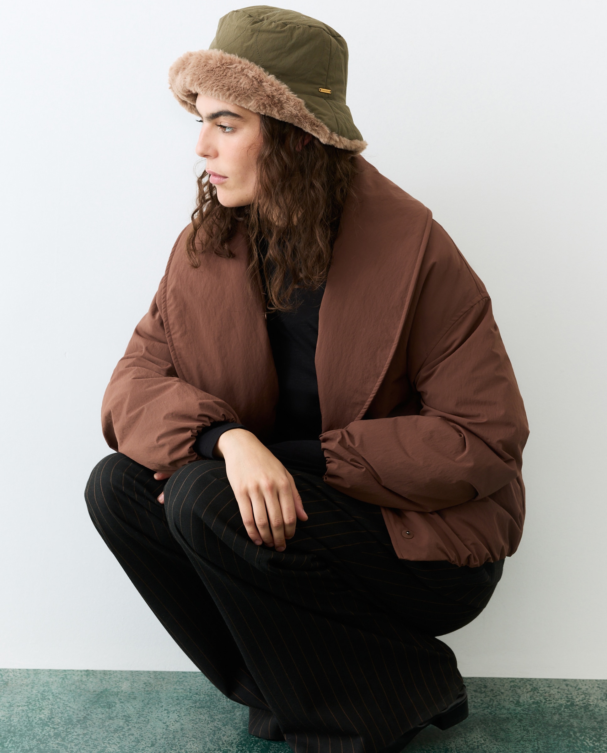 Gorro Acolchoado com Pelo Reversível 520 Caqui-3