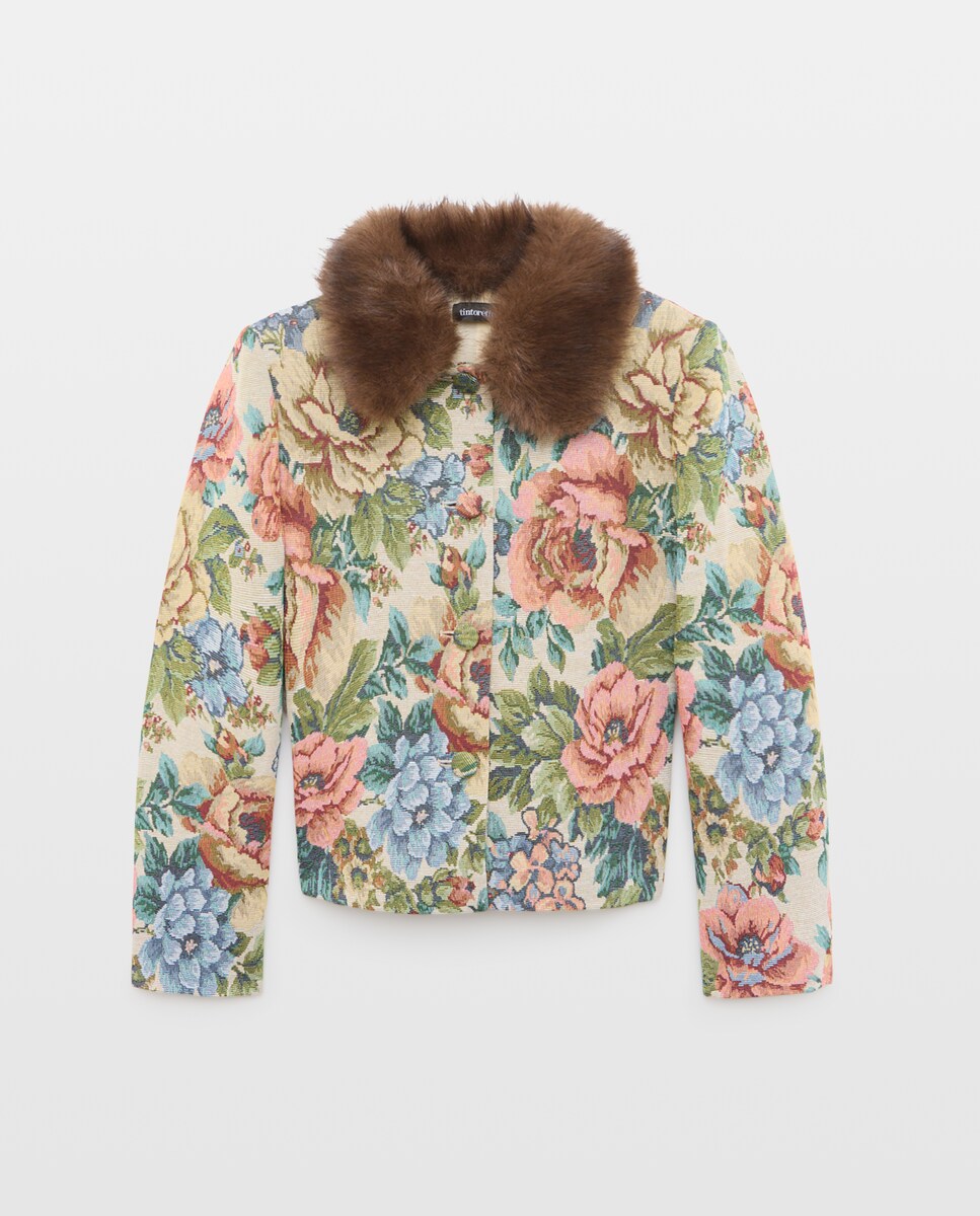Imagen 1 de Chaqueta jacquard con cuello falso pelo Beige