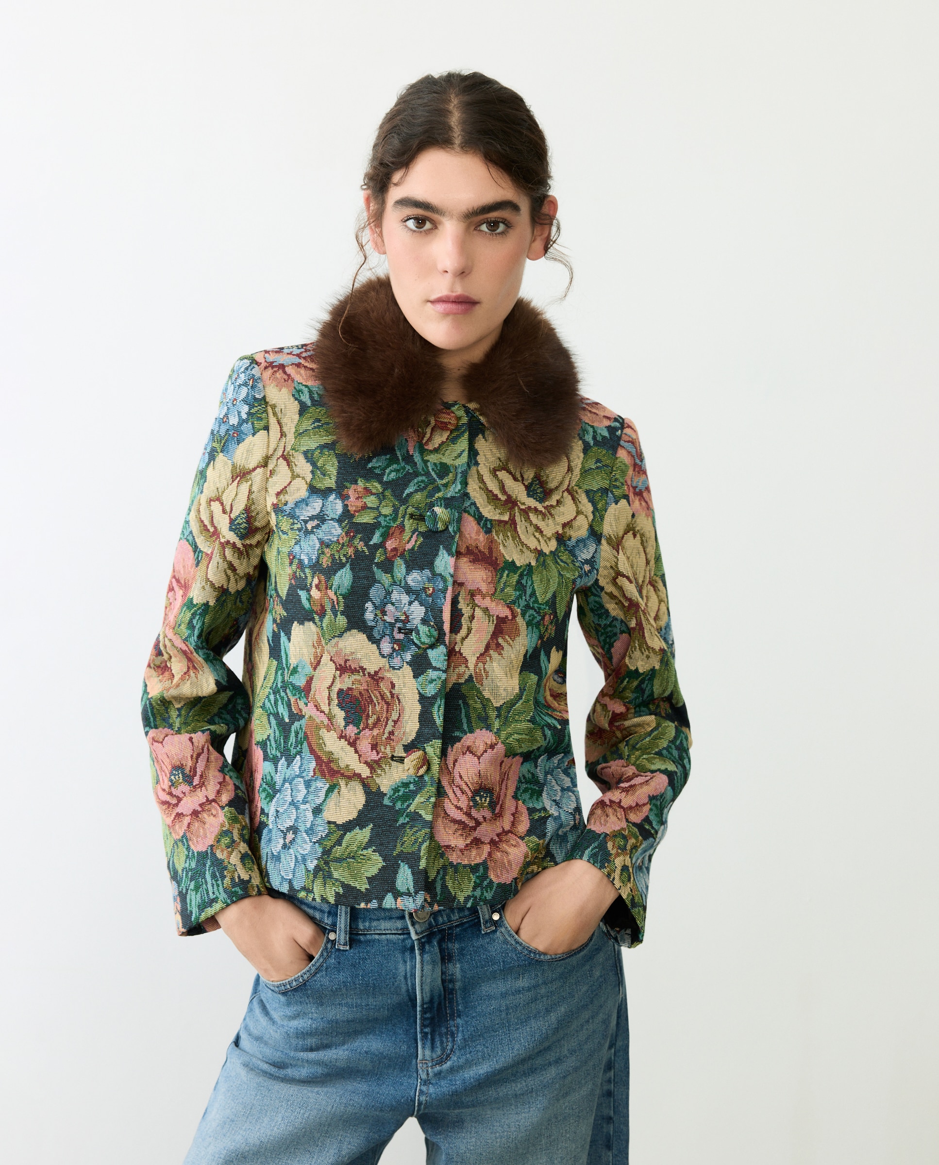 Chaqueta jacquard con cuello falso pelo - Tintoretto - Negro Negro-2