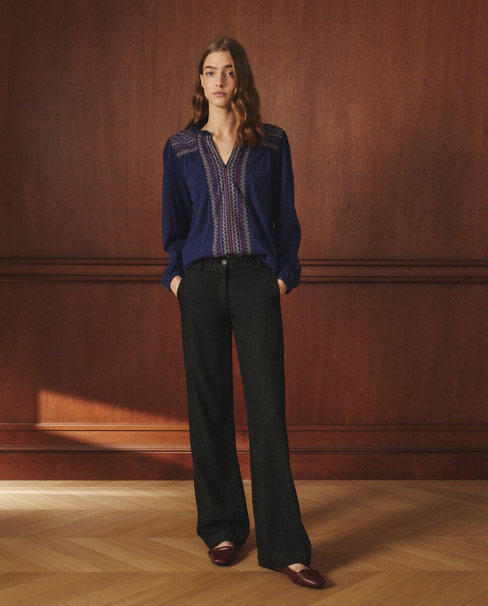 Camisola Bordada com Manga Comprida Azul-marinho-1