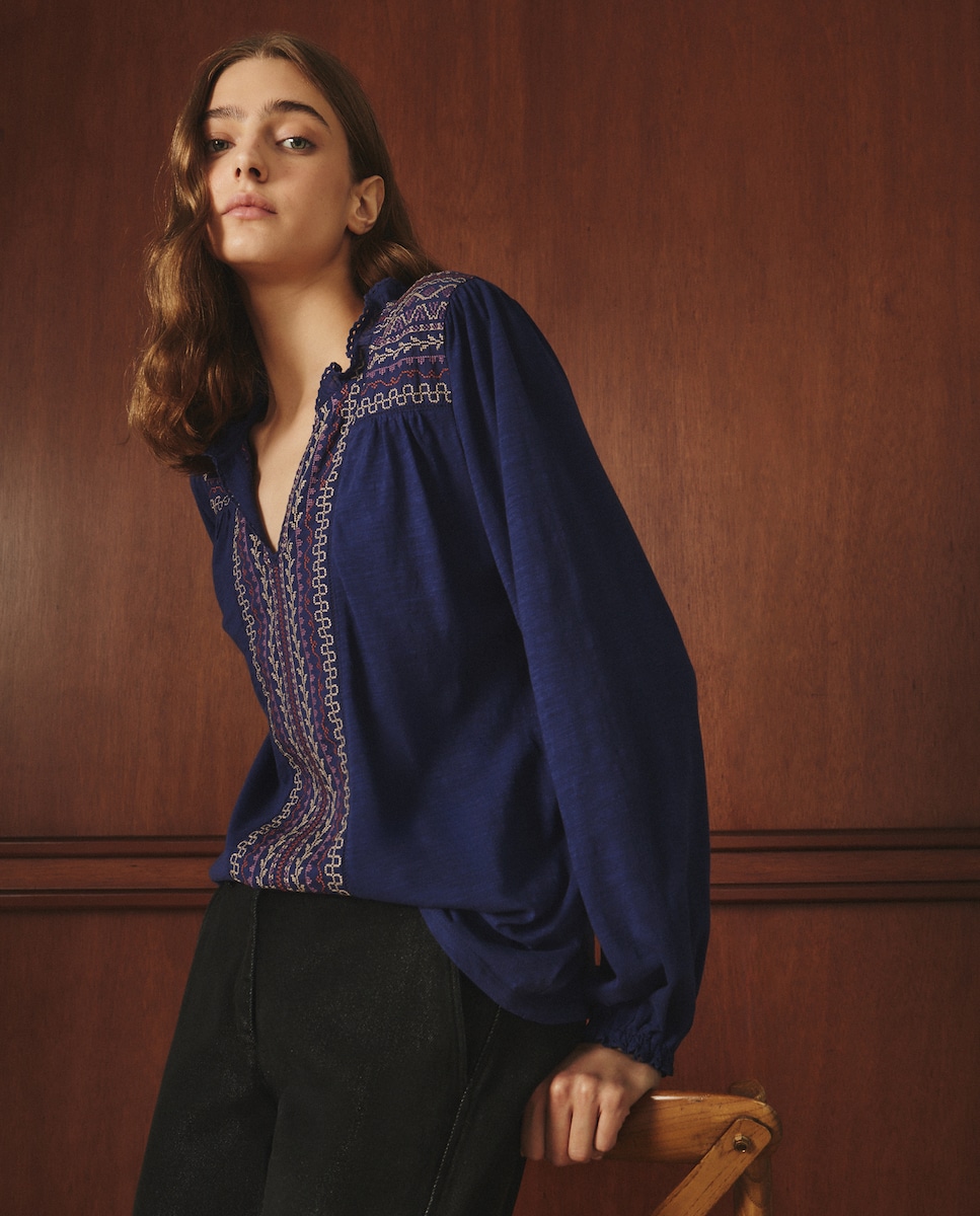 Camisola Bordada com Manga Comprida Azul-marinho-2