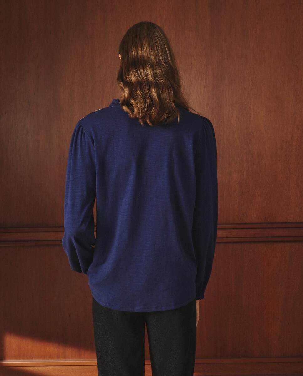 Camisola Bordada com Manga Comprida Azul-marinho-3