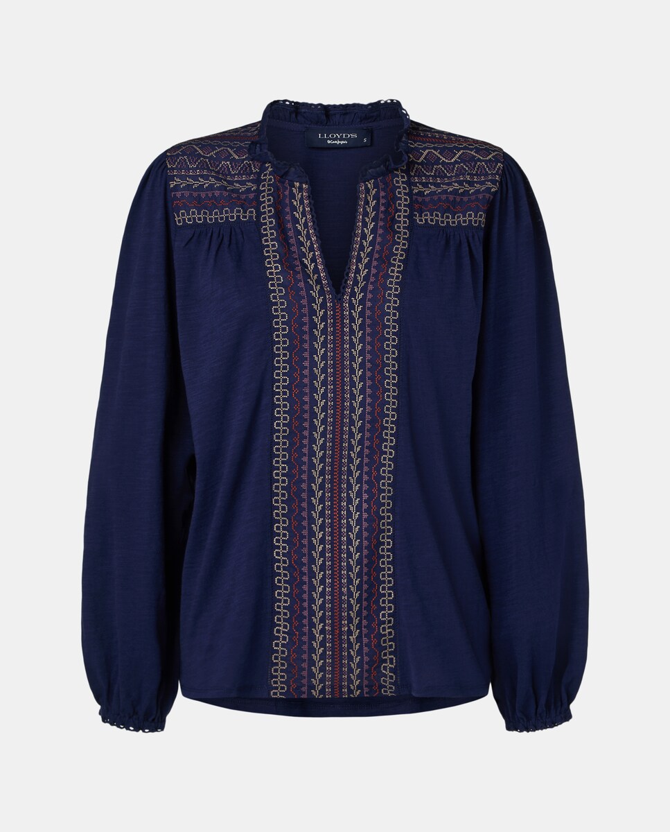 Camisola Bordada com Manga Comprida Azul-marinho-4