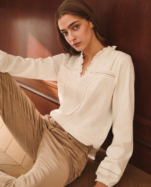 Imagem 0 de Camisola de Manga Comprida com Decote em Bico e Folho