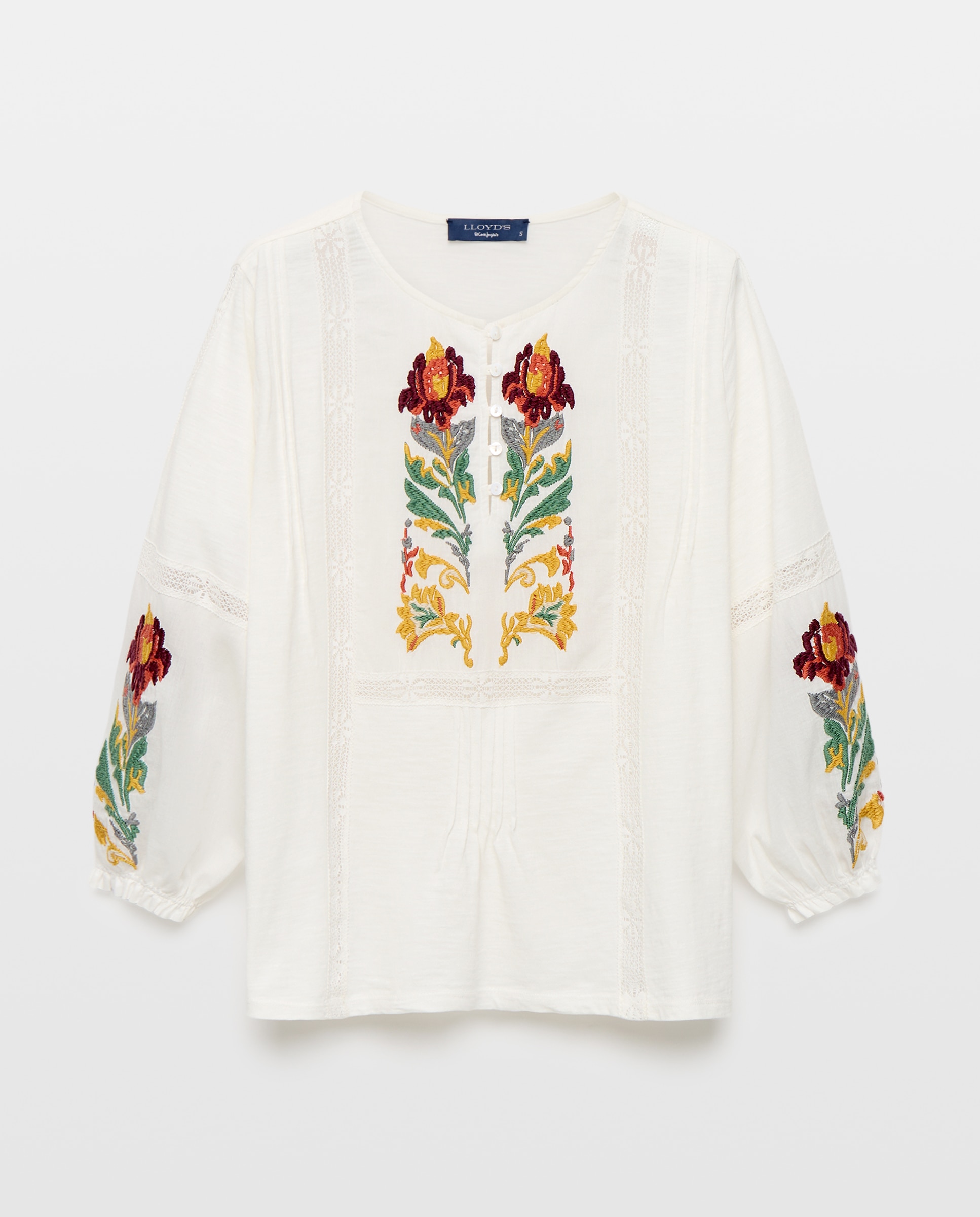 T-shirt de Manga 3/4 com Decote Redondo e Bordado Floral 120 Cru-5