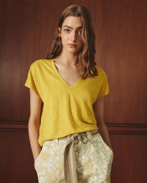 Imagem 0 de Camisola de Linho com Manga Caída e Decote em Bico