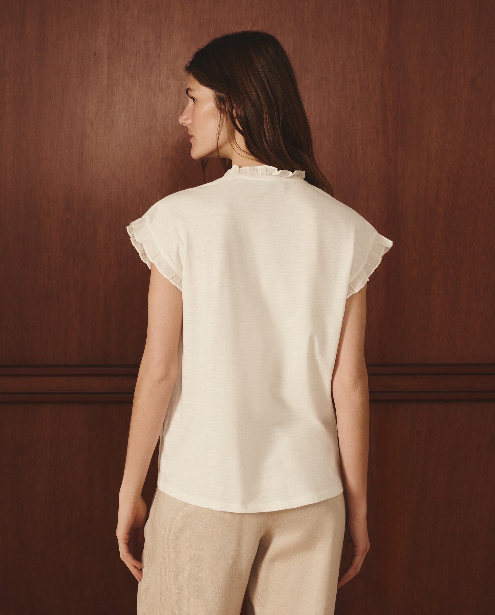 Camiseta de mujer volante romántica - Lloyd's - 471 Índigo Blanco roto-4
