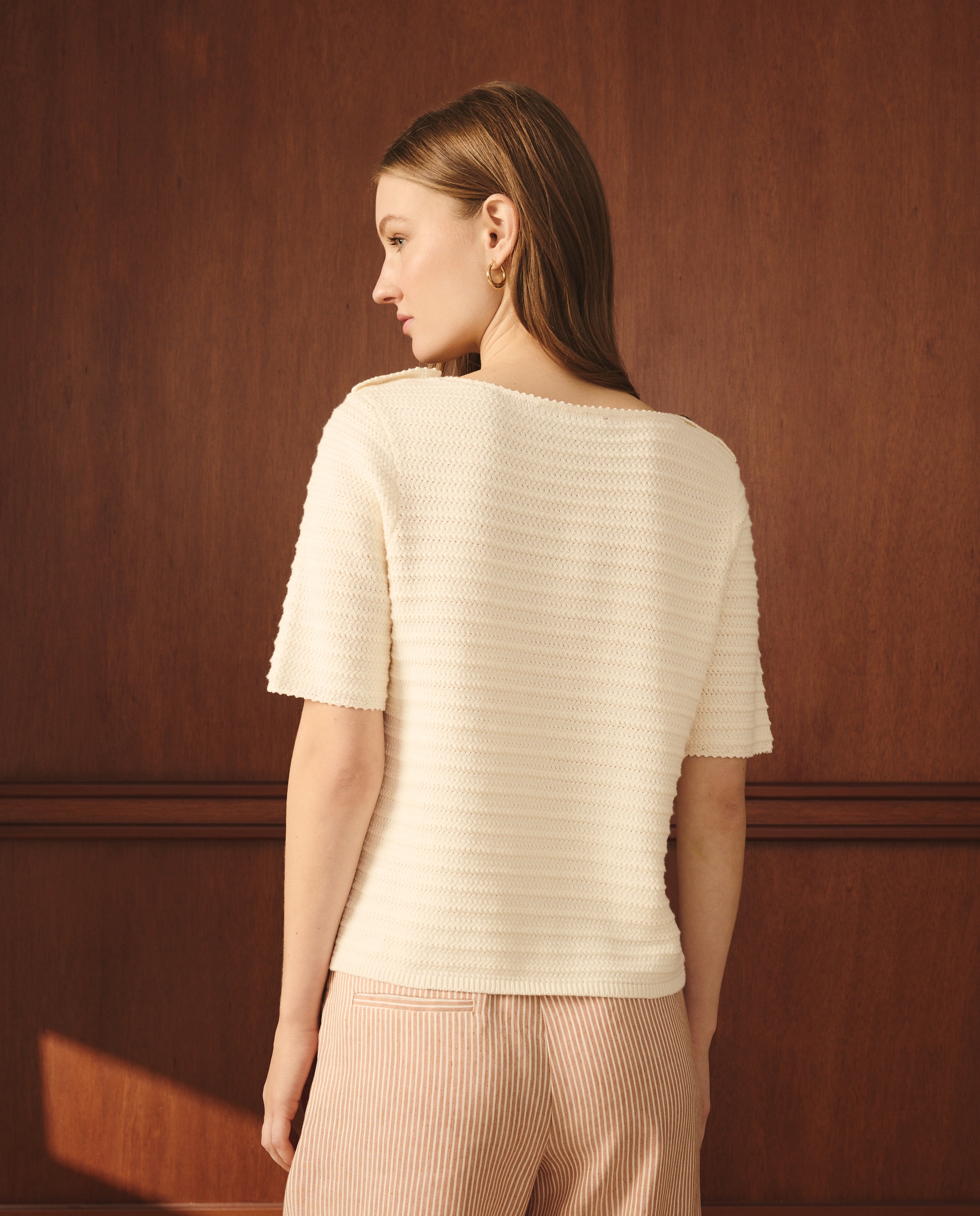 Camisola de Malha às Riscas com Botões no Ombro Branco-marfim-4