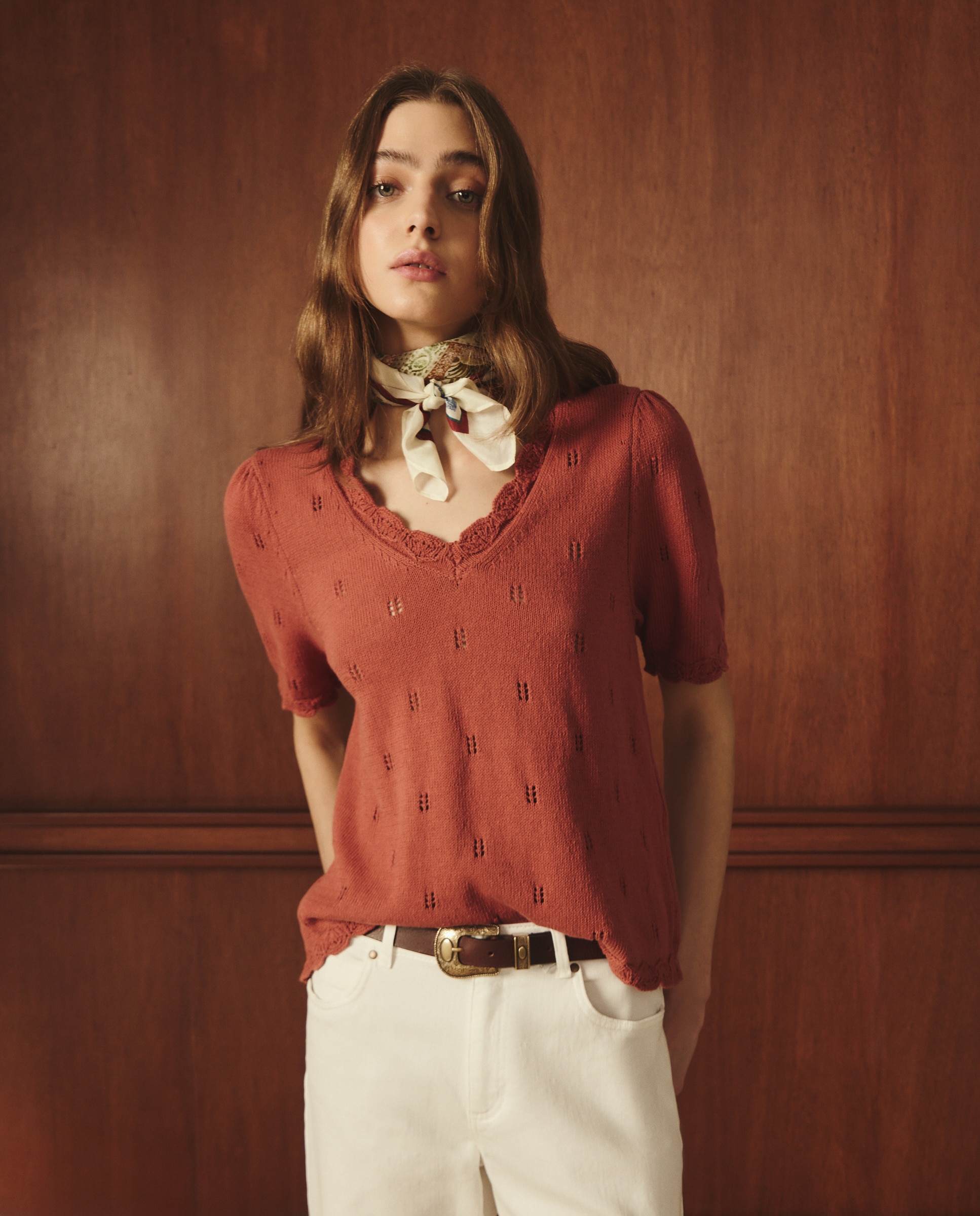 Camisola com Decote em Bico Openwork Terracota-1