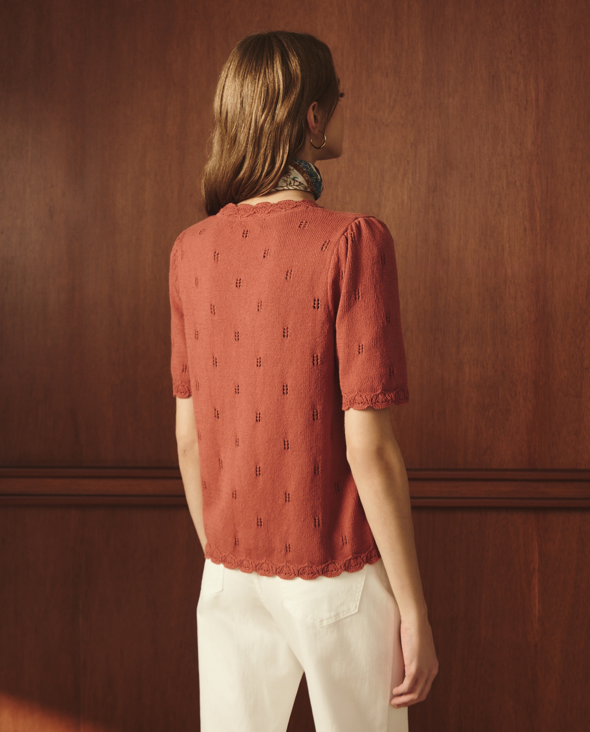 Camisola com Decote em Bico Openwork Terracota-3