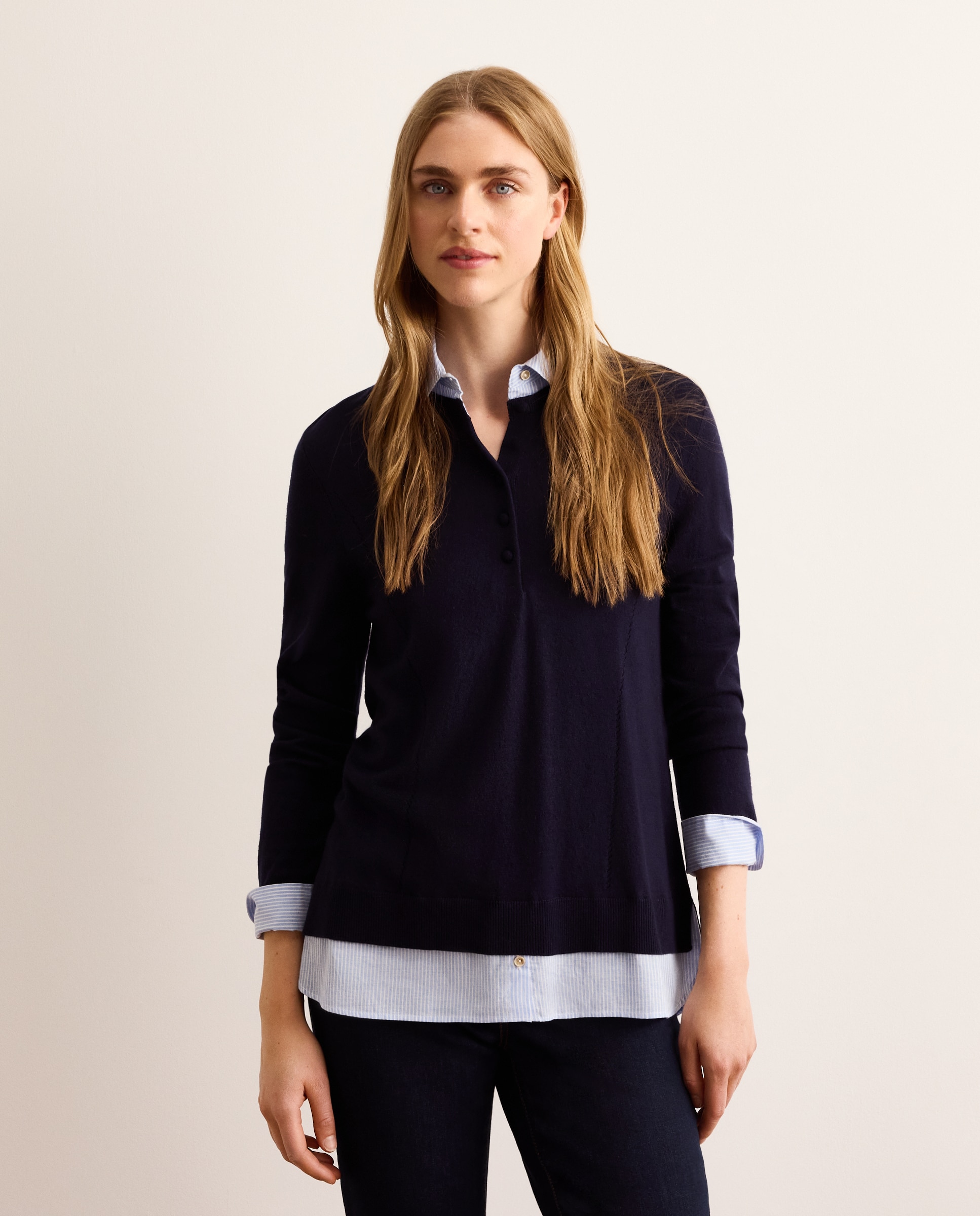 Jersey manga larga de mujer con cuello camisero y faldón rayas - Lloyd's - Azul marino Azul marino-1