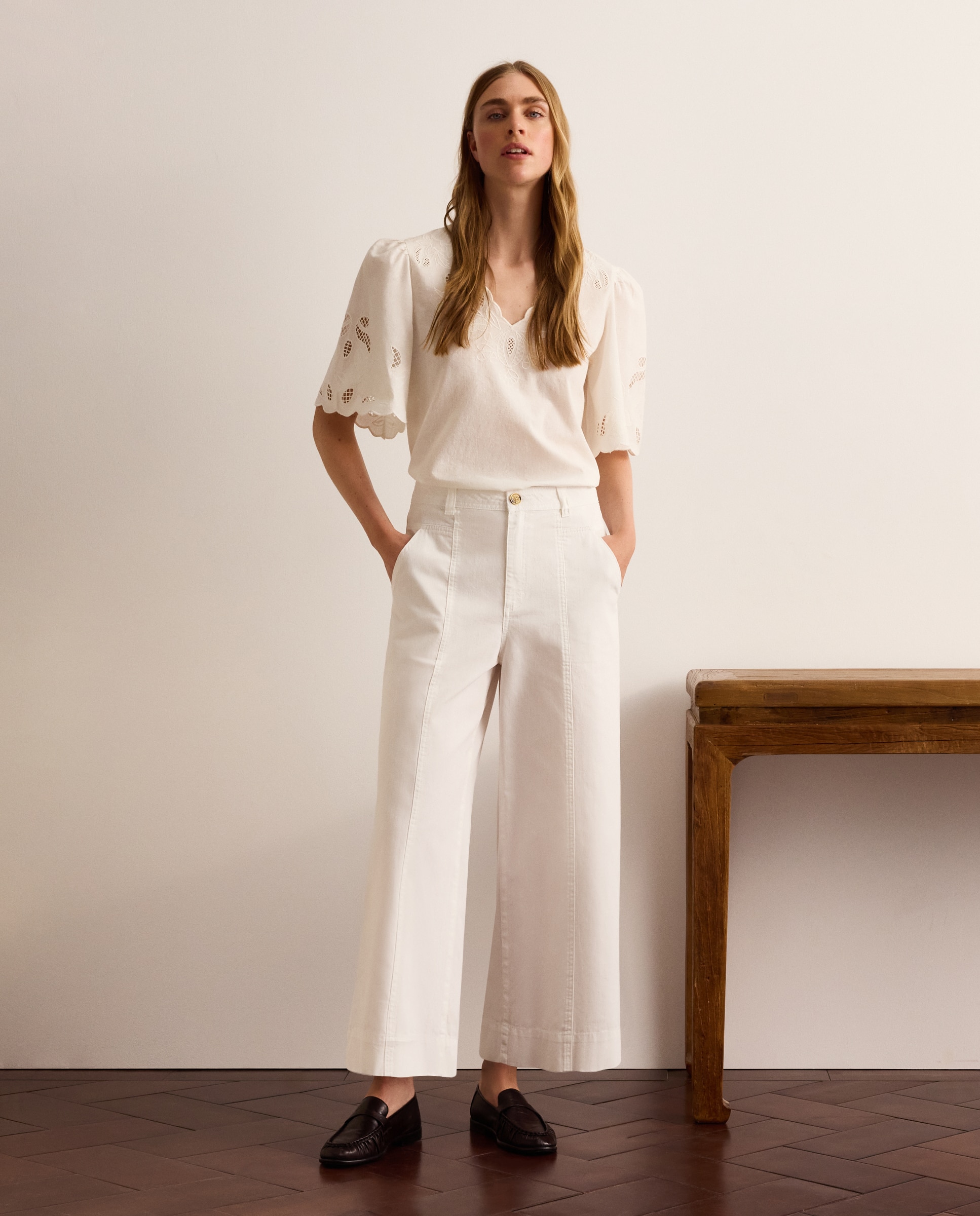 Pantalón cropped de mujer de algodón liso 120 Crudo