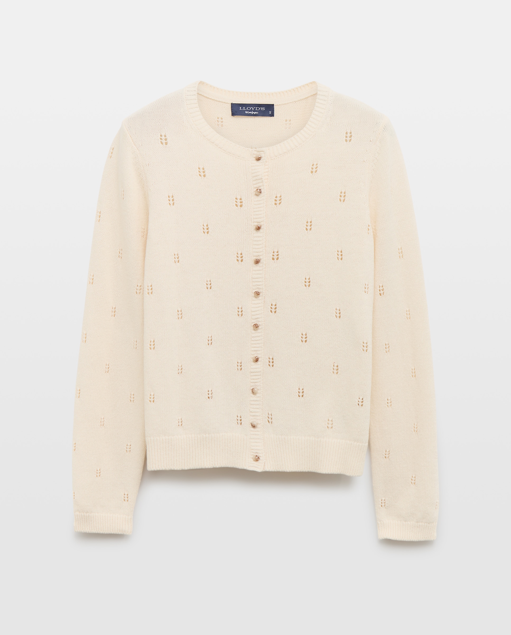 Cardigan com Decote Redondo Openwork Bege-4