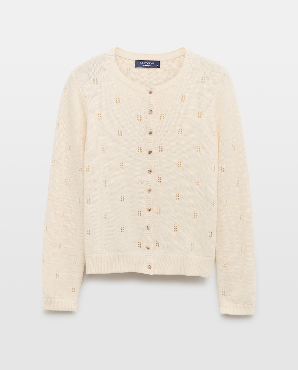 Cardigan com Decote Redondo Openwork Bege-4