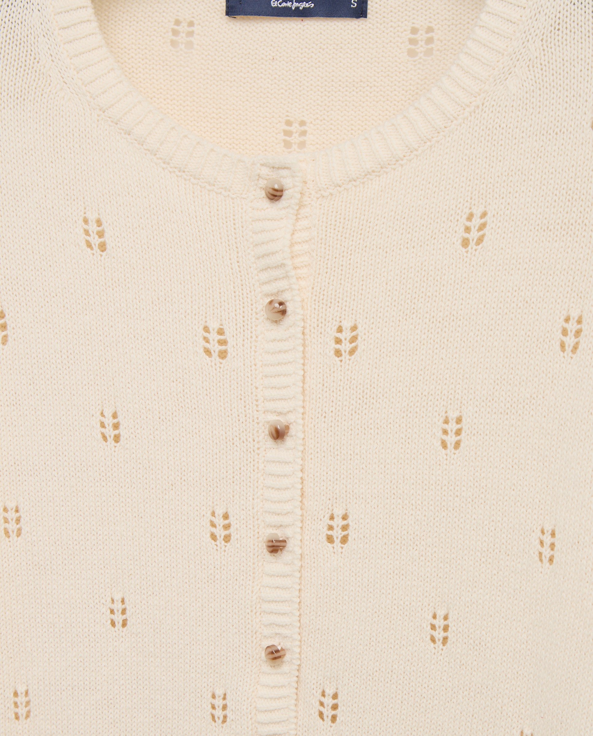 Cardigan com Decote Redondo Openwork Bege-5