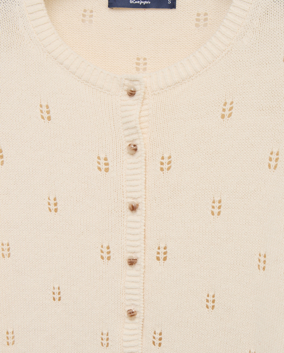 Cardigan com Decote Redondo Openwork Bege-5