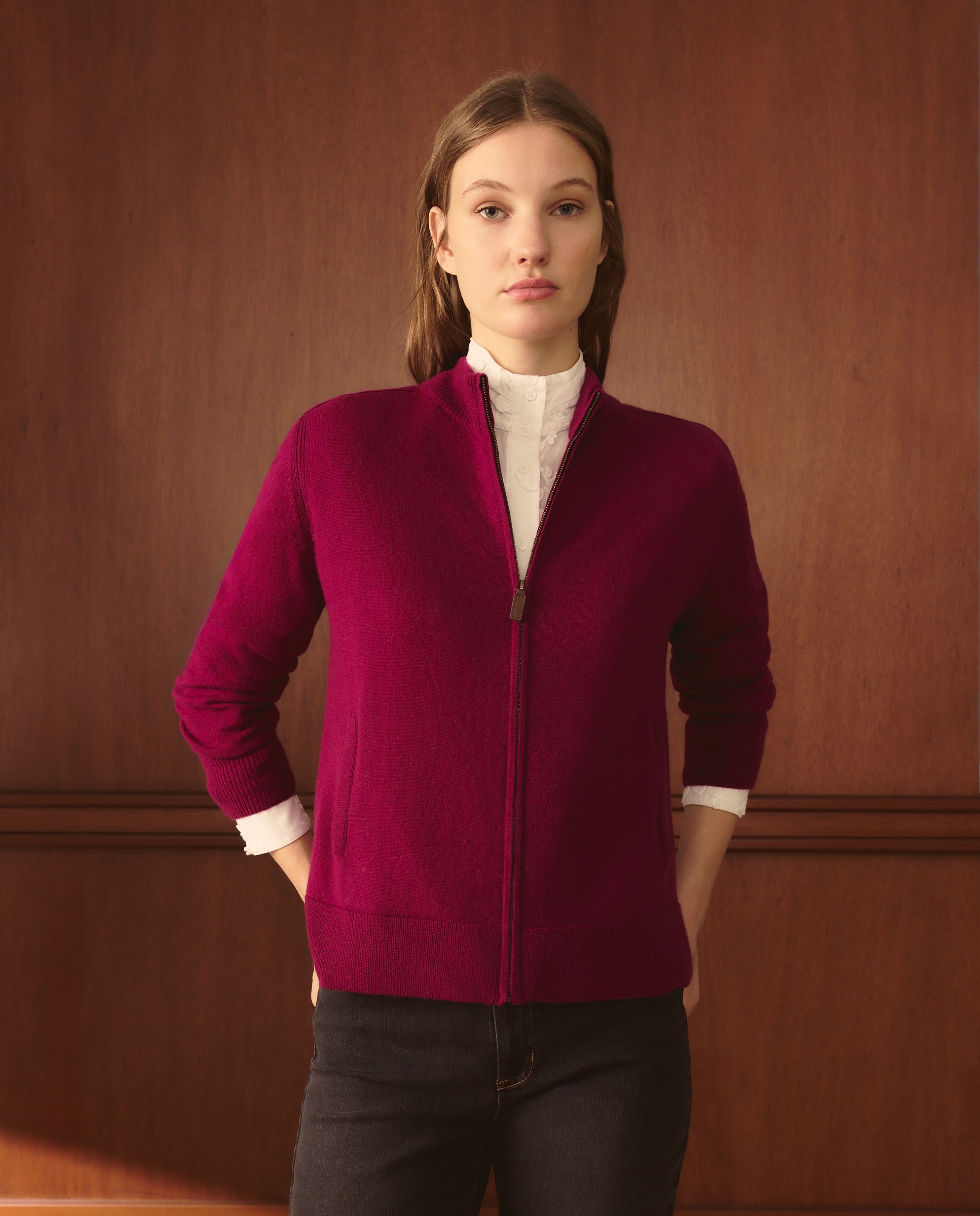 Cardigan em Caxemira Liso de Manga Comprida Ameixa-1