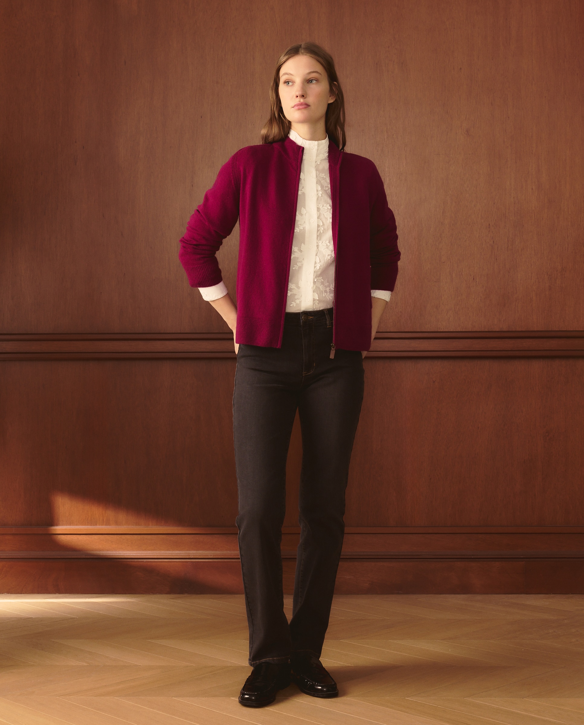 Cardigan em Caxemira Liso de Manga Comprida Ameixa-2