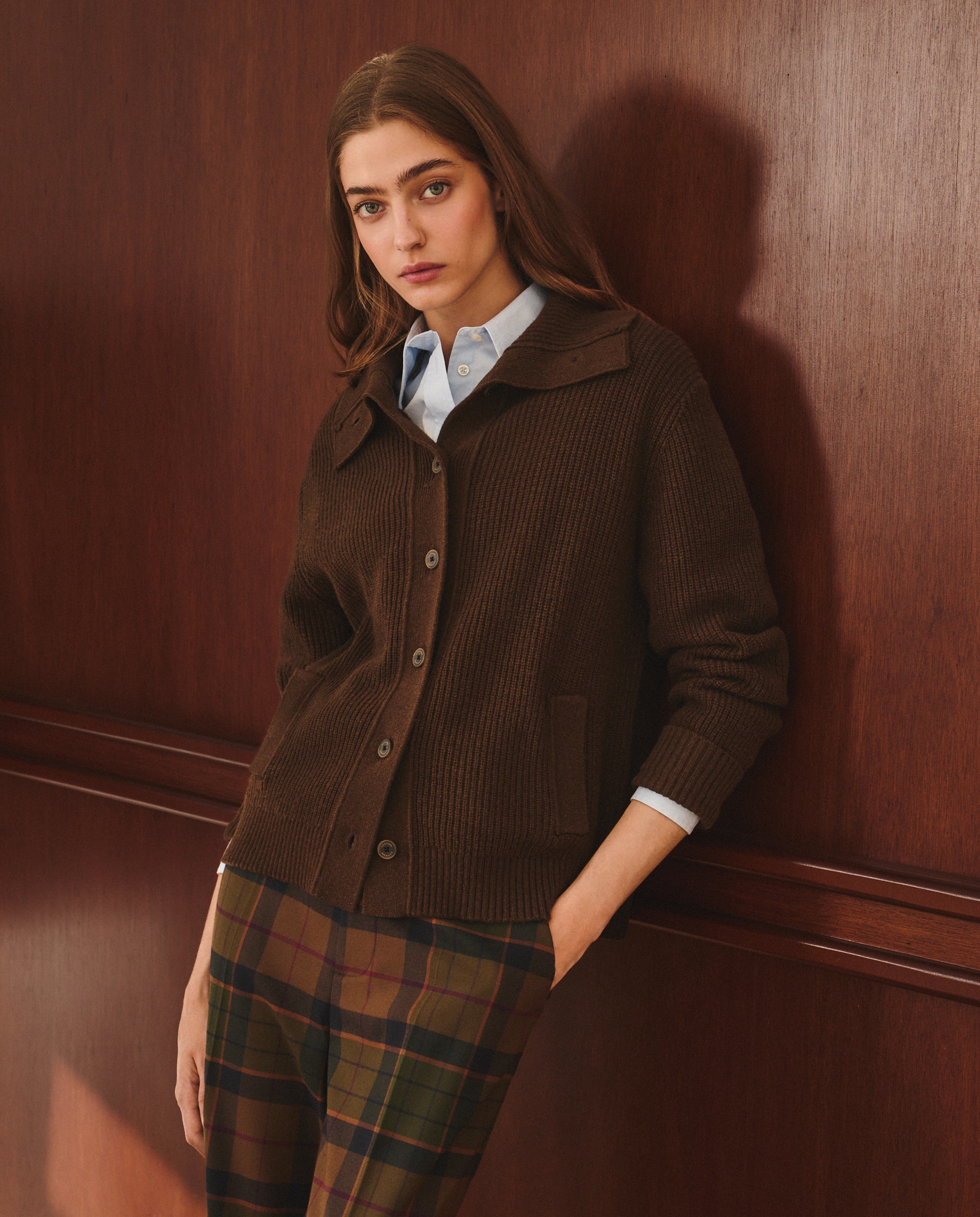 Cardigan de Malha Pérola com Manga Comprida 520 Caqui-1