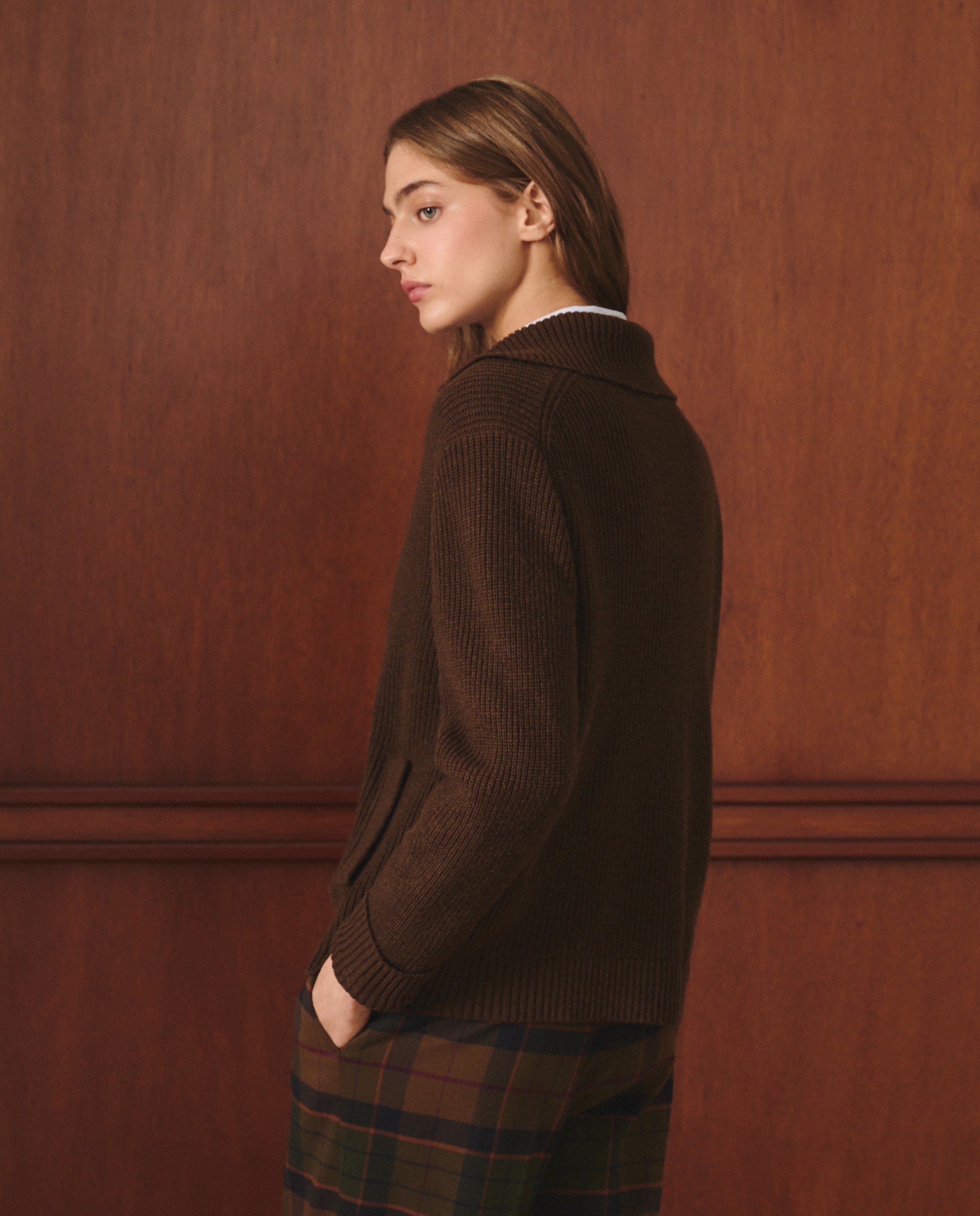 Cardigan de Malha Pérola com Manga Comprida 520 Caqui-3