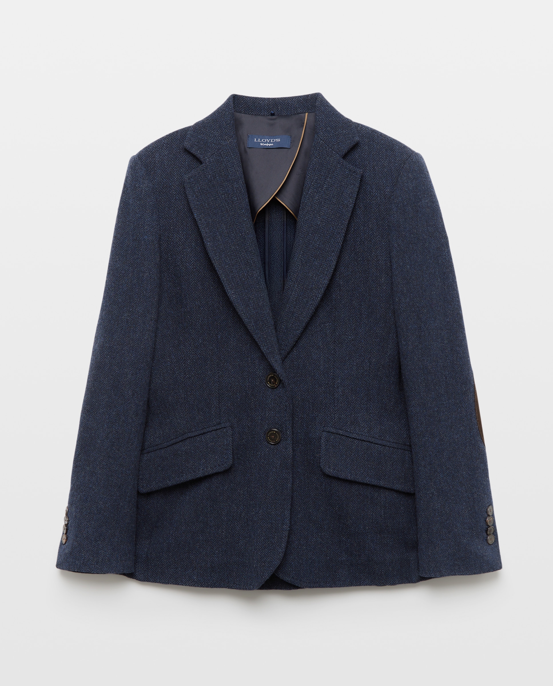 Blazer de Lã com Padrão Espinha de Peixe e Cotoveleiras Azul-marinho-4