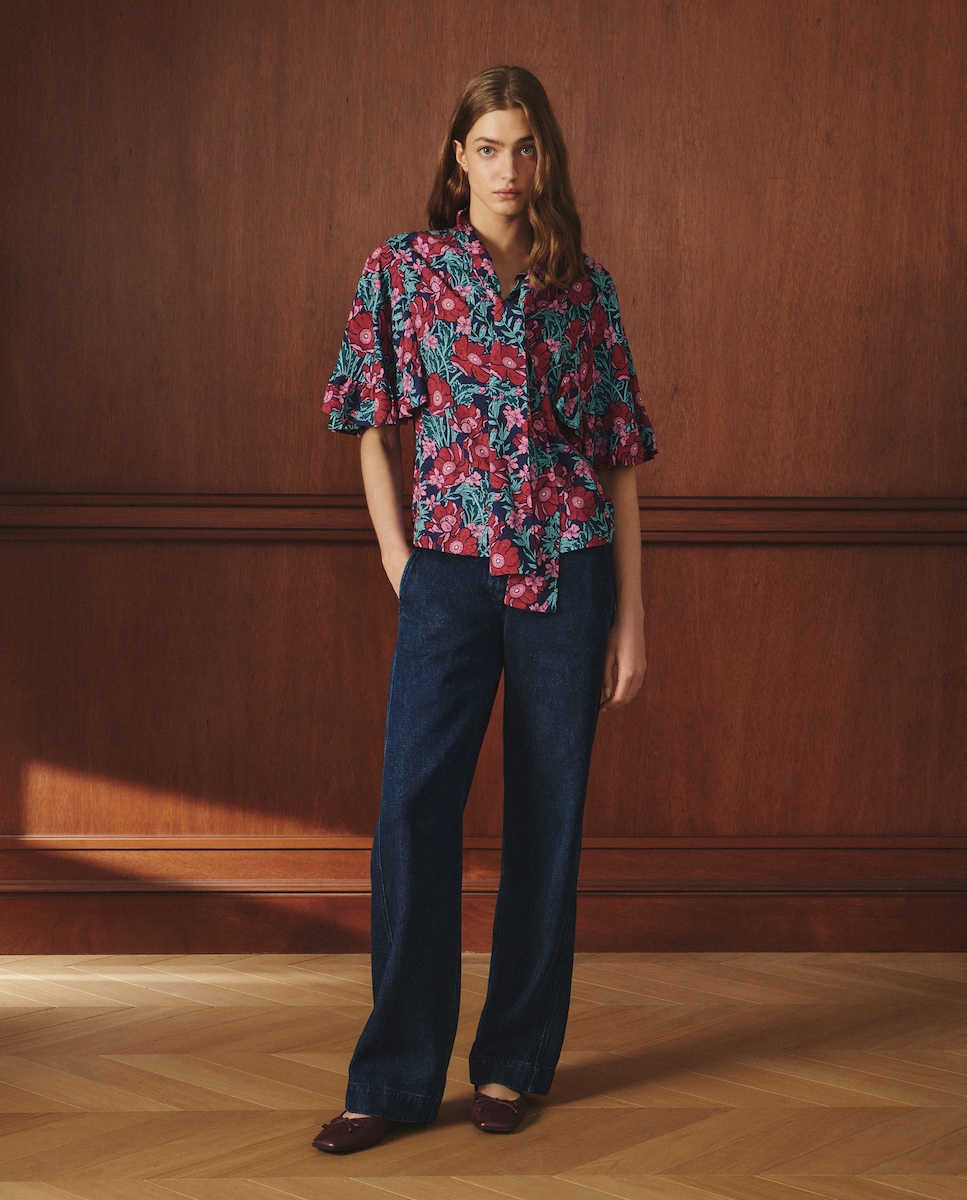 Blusa de Manga Curta com Papoilas Vermelho-2