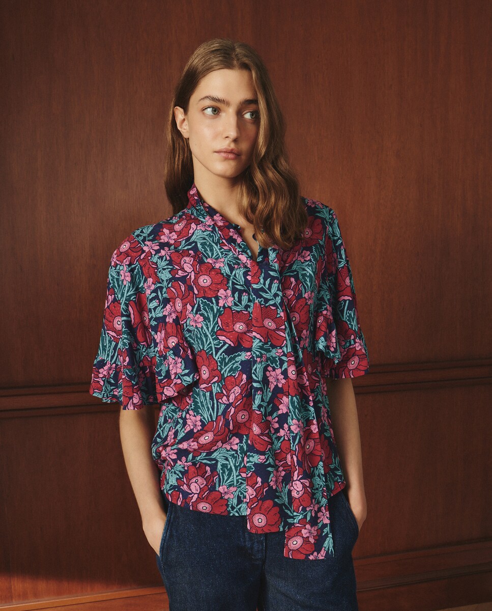 Blusa de Manga Curta com Papoilas Vermelho-3