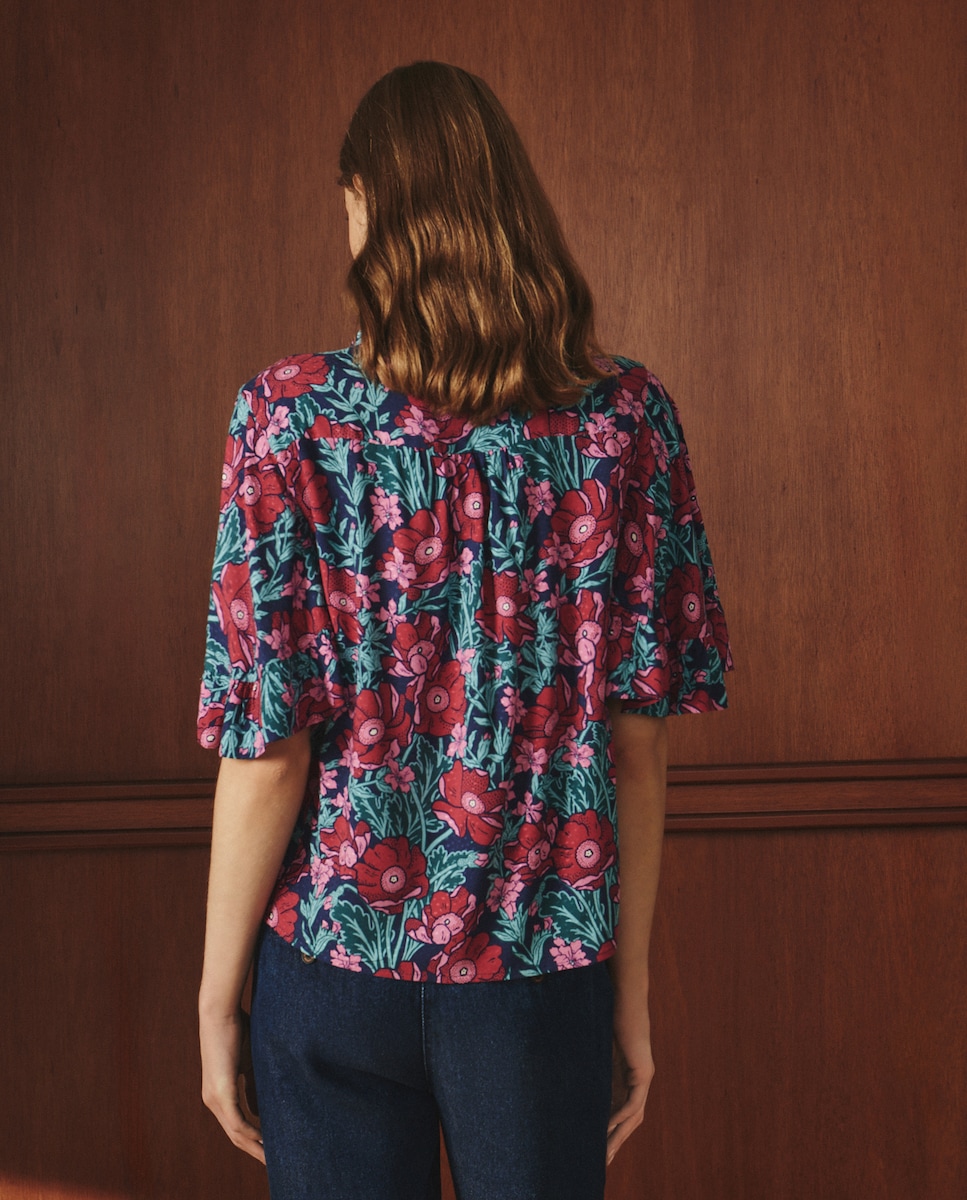 Blusa de Manga Curta com Papoilas Vermelho-4