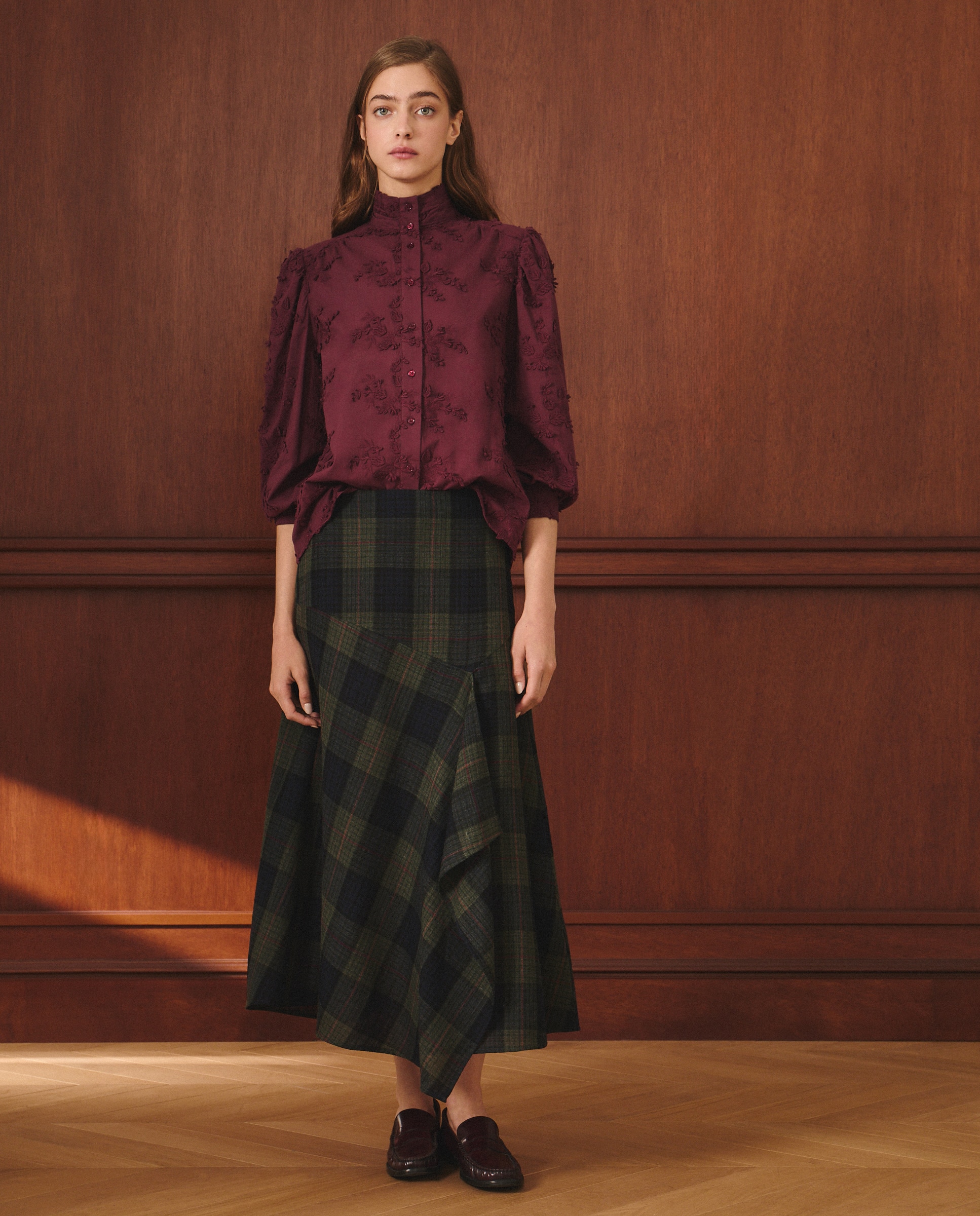 Blusa de Algodão Lisa com Manga Comprida Bordeaux-1