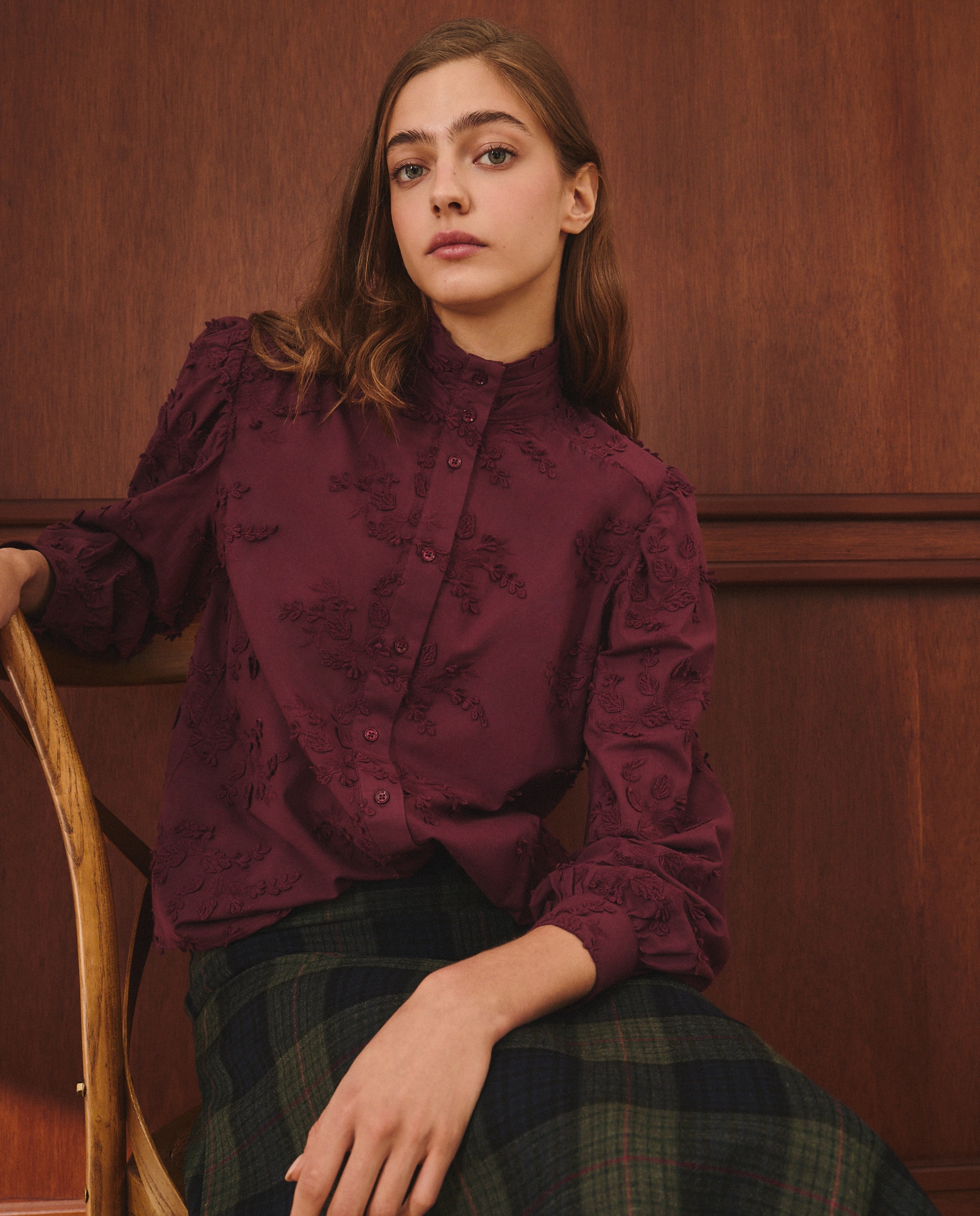 Blusa de Algodão Lisa com Manga Comprida Bordeaux-2