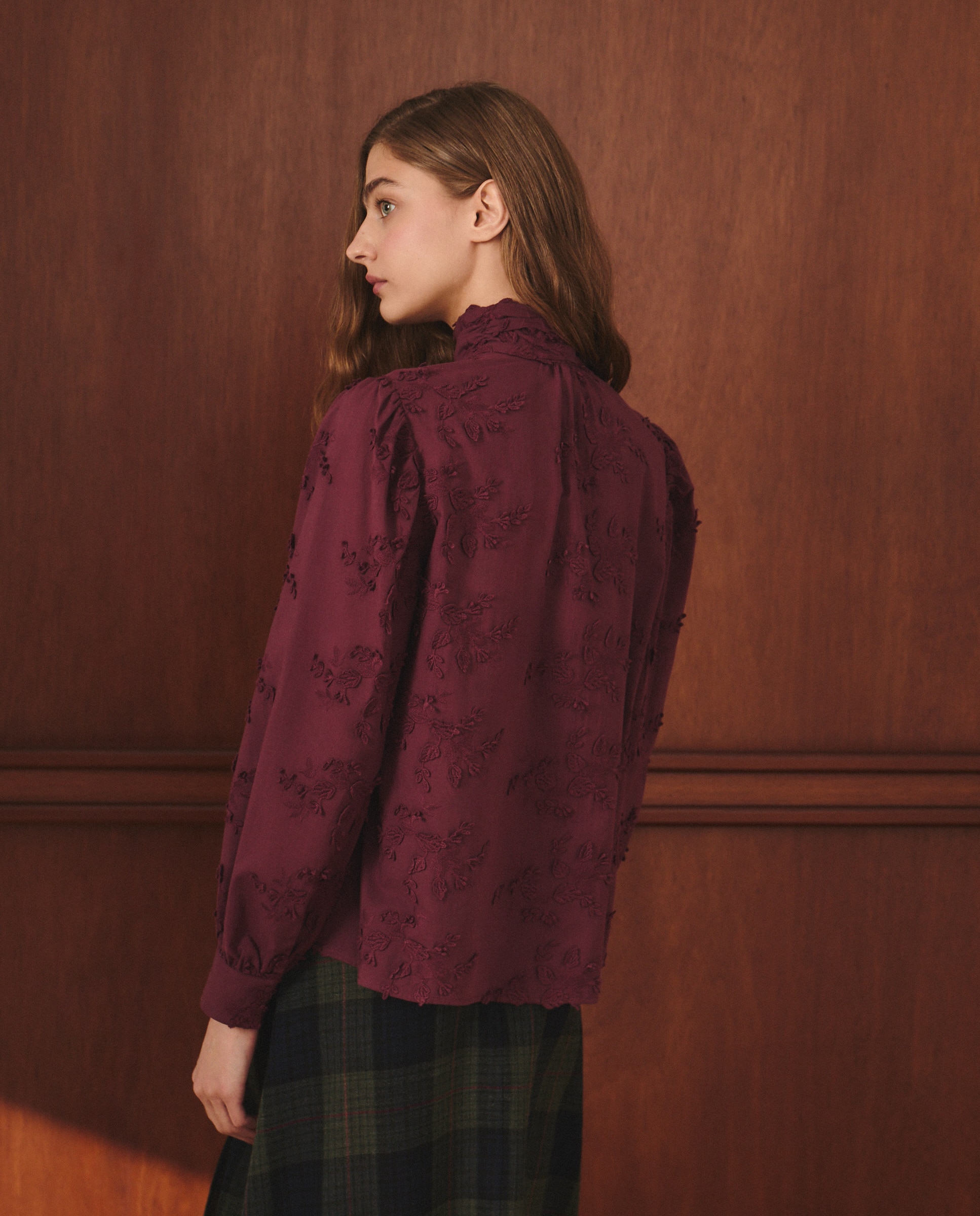 Blusa de Algodão Lisa com Manga Comprida Bordeaux-3