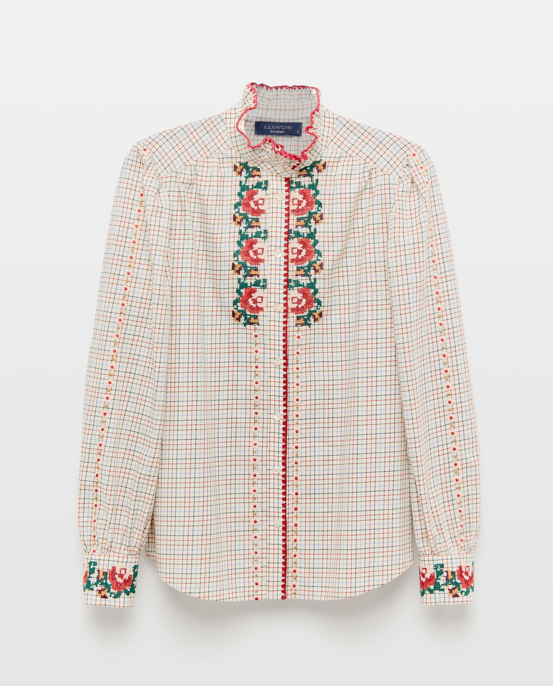 Blusa com Estampado Floral e aos Quadrados Branco-5