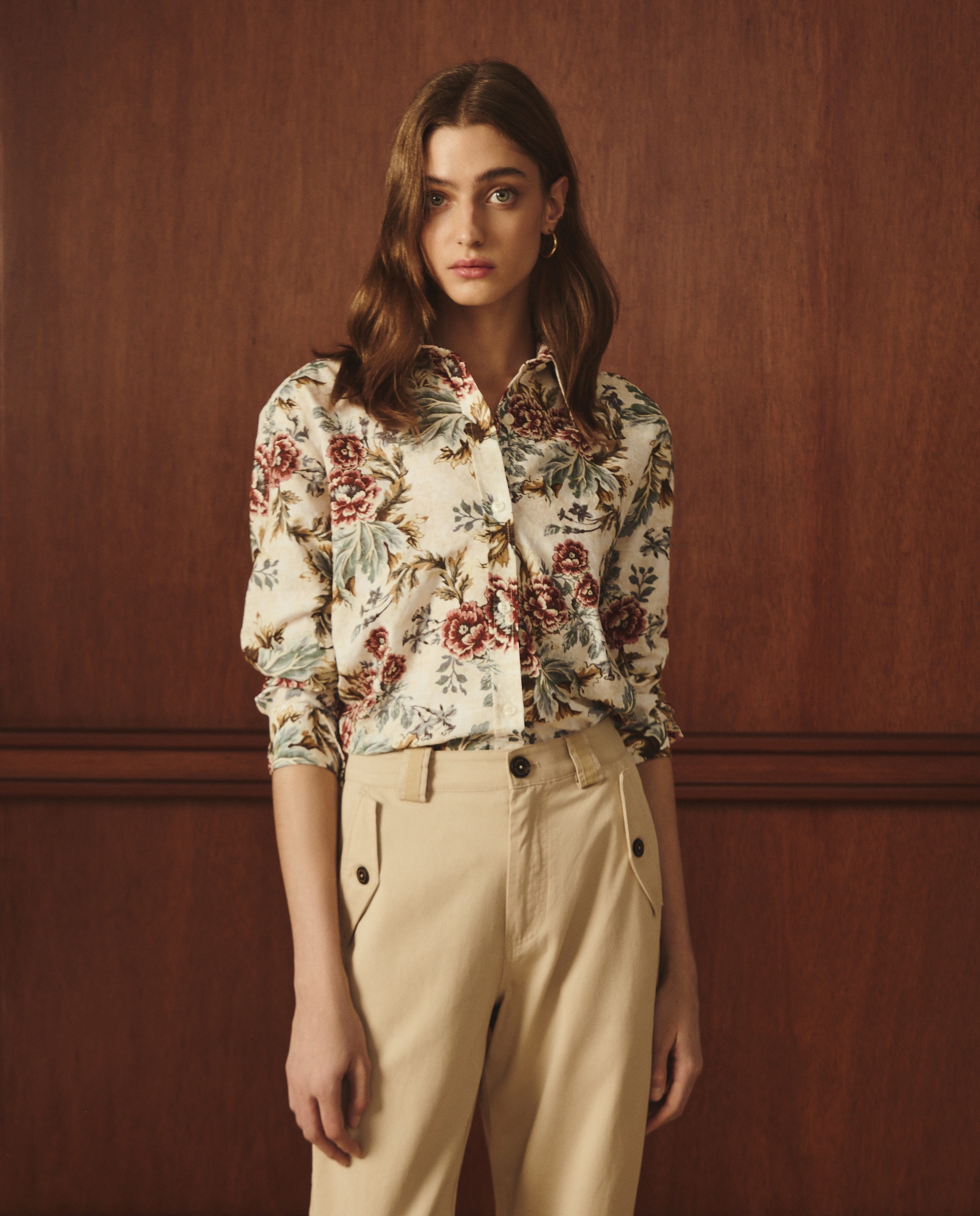 Camisa de mulher com manga comprida e estampado floral Branco-1