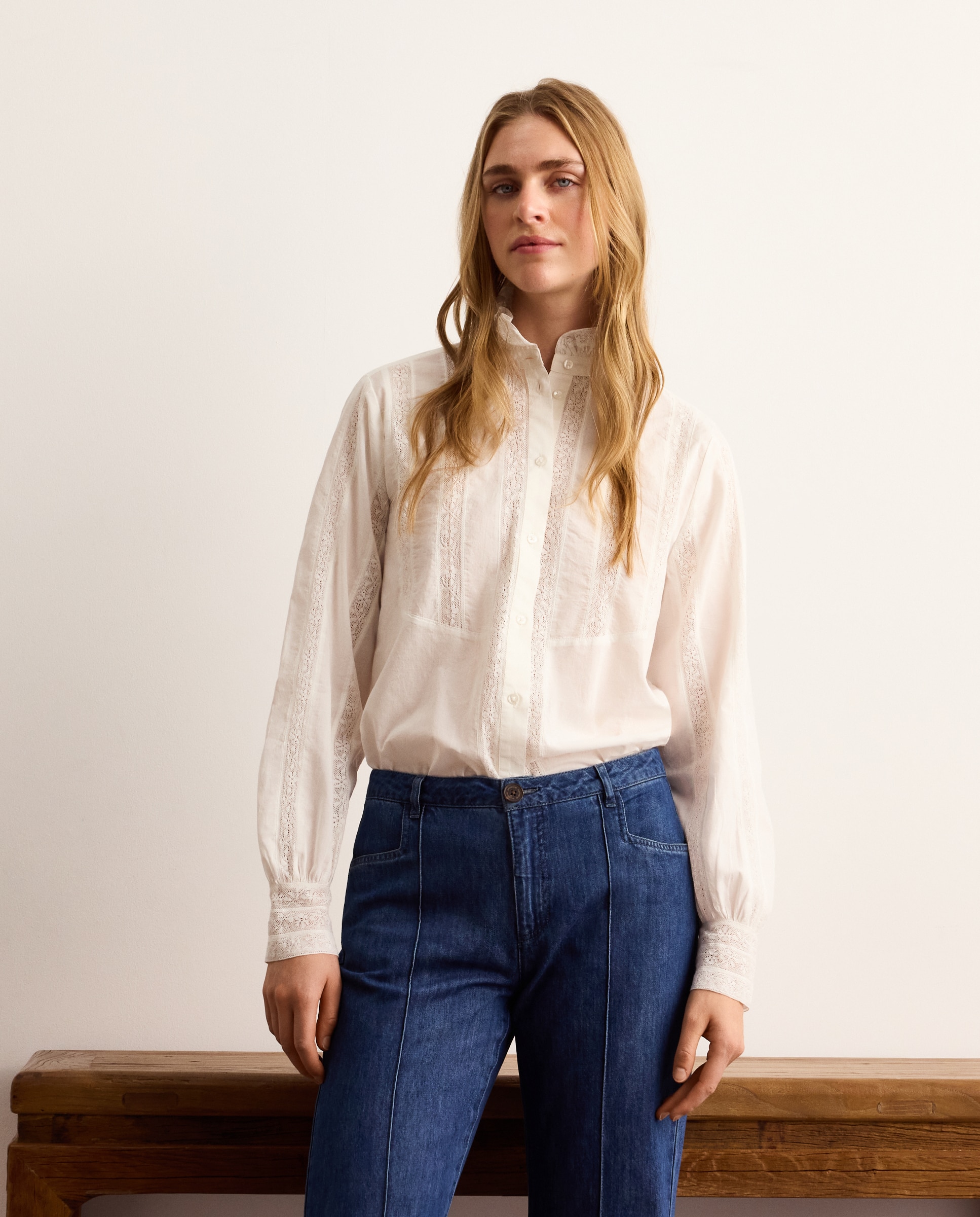 Blusa de mujer con manga larga y encaje - Lloyd's - Blanco roto Blanco roto-2