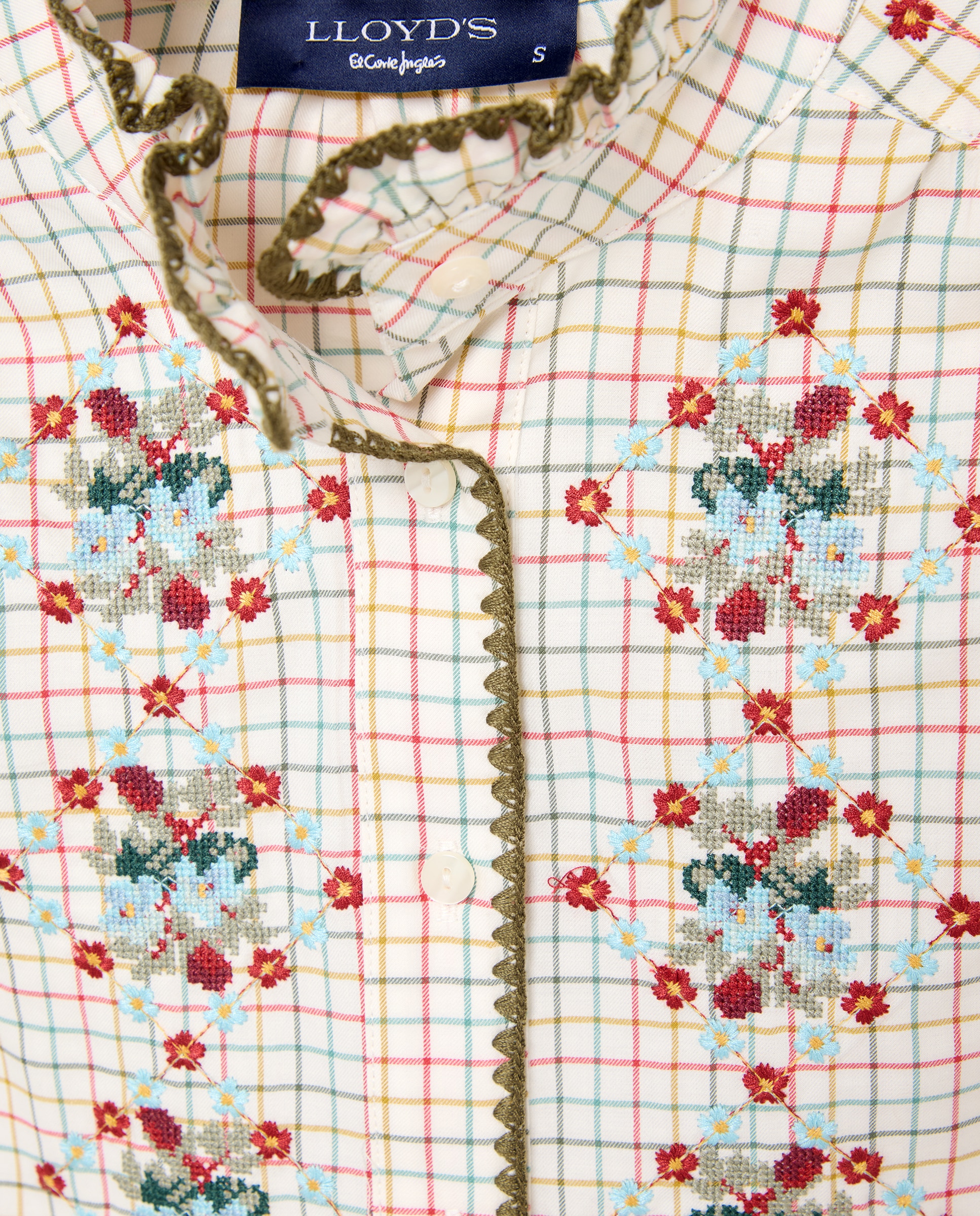 Blusa de Mulher aos Quadrados e Bordado de Flores Branco-2