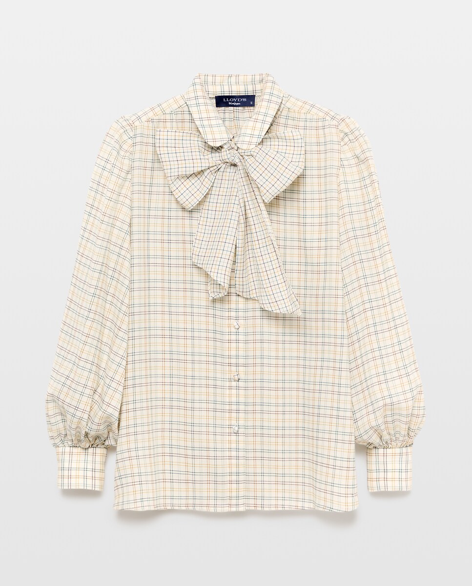 Imagen 0 de Blusa de manga larga de cuadros con lazada Blanco