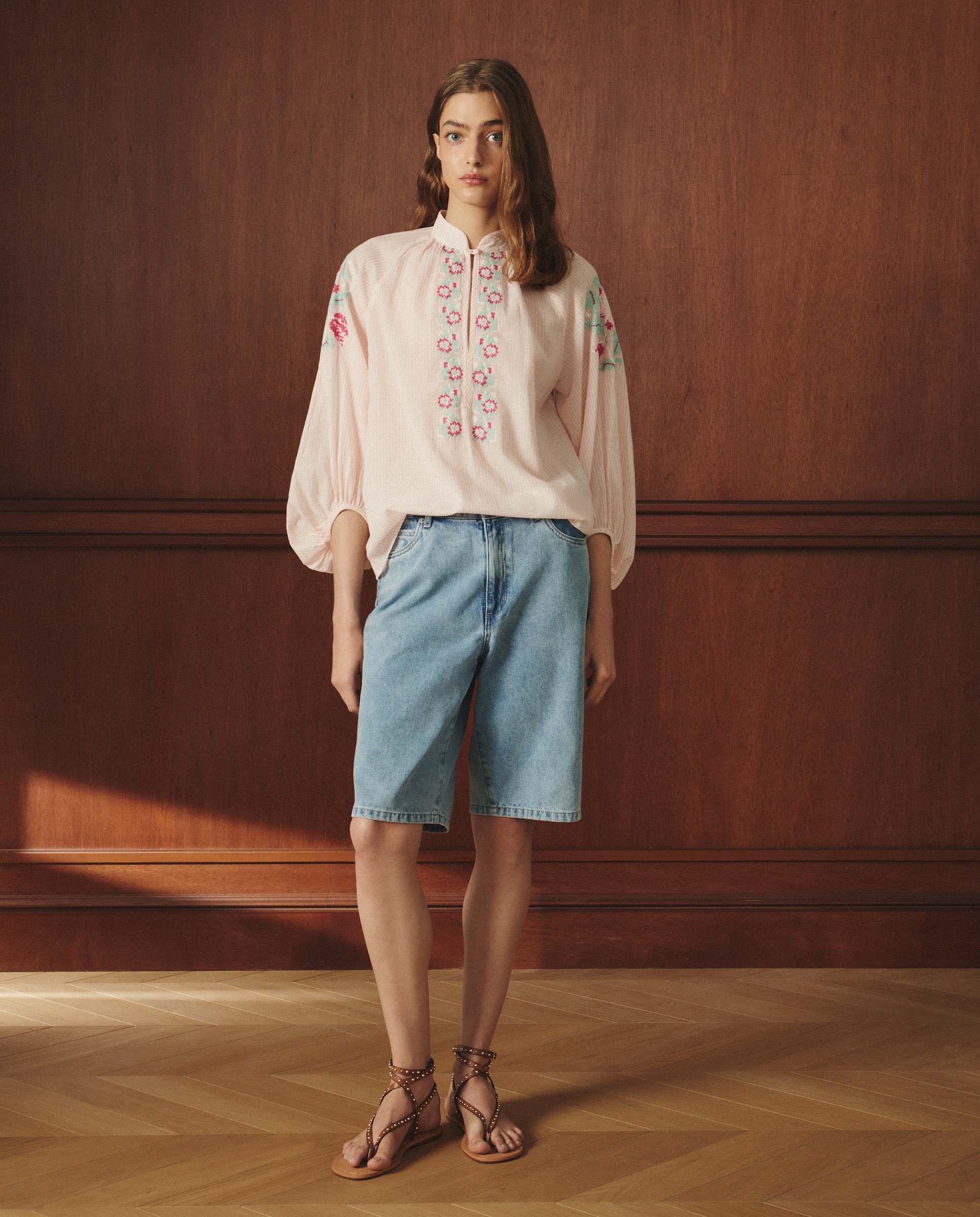 Blusa Estampada de Manga 3/4 Rosa-3