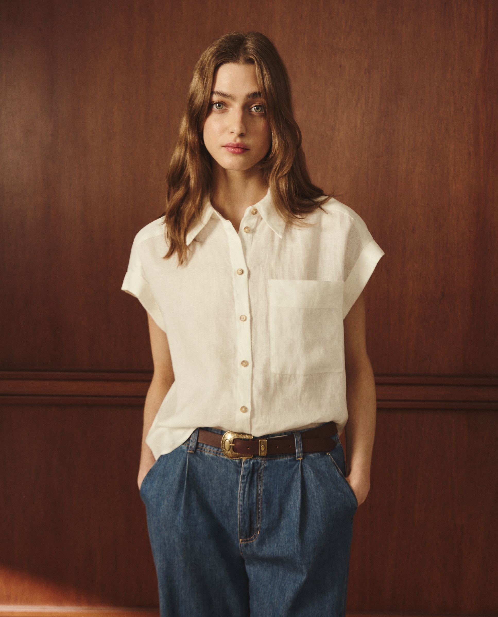 Camisa de mujer manga corta de lino - Lloyd's - Azul 120 Crudo-2