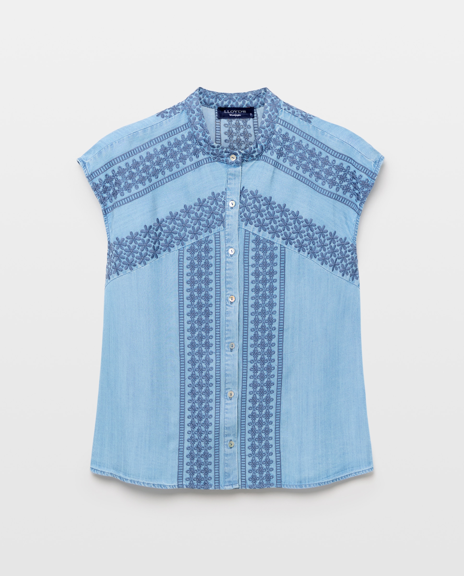 Blusa de Manga Curta com Decote Redondo e Bordado Cinzento-4