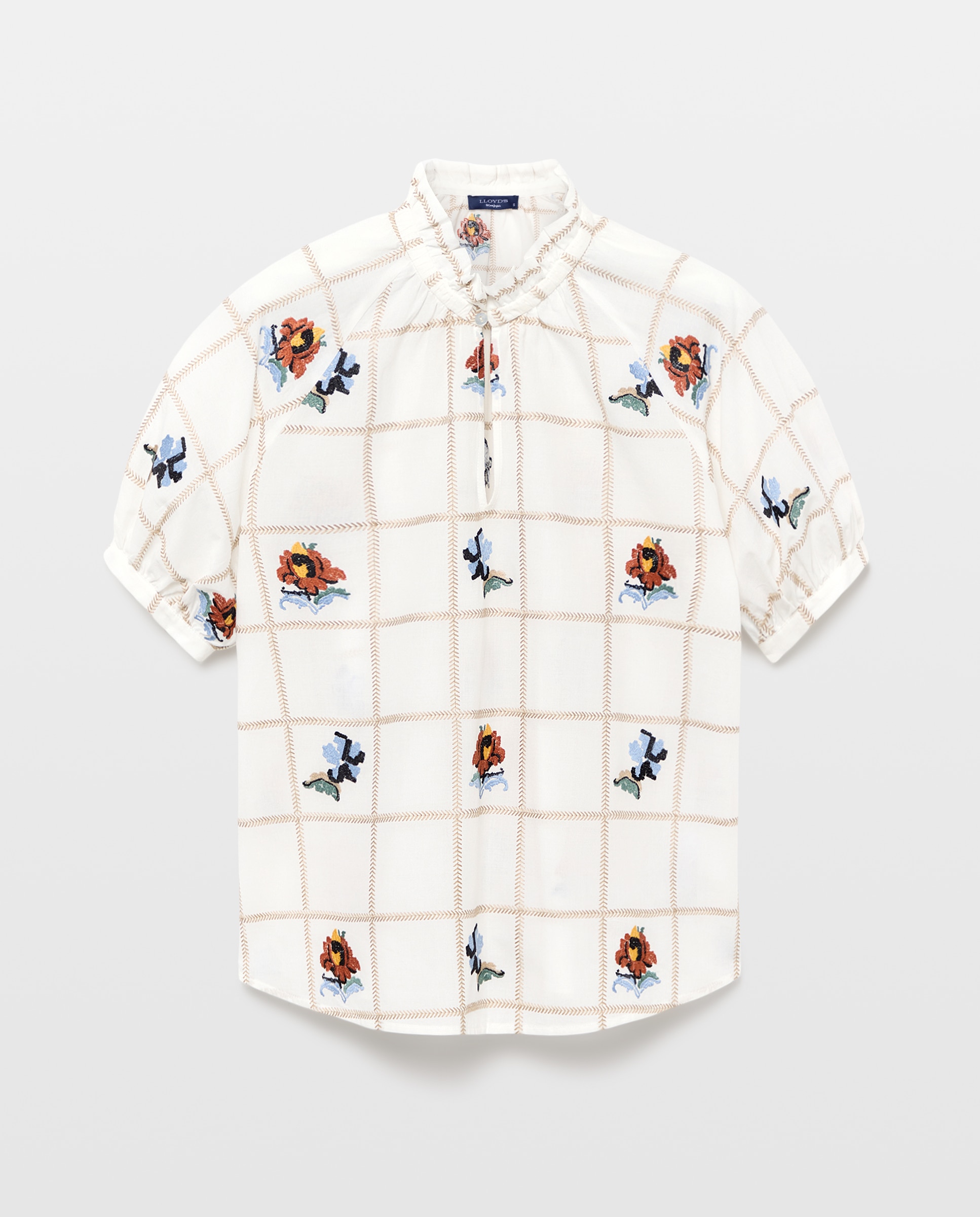 Blusa de Manga Curta com Bordado Floral Branco-marfim-4