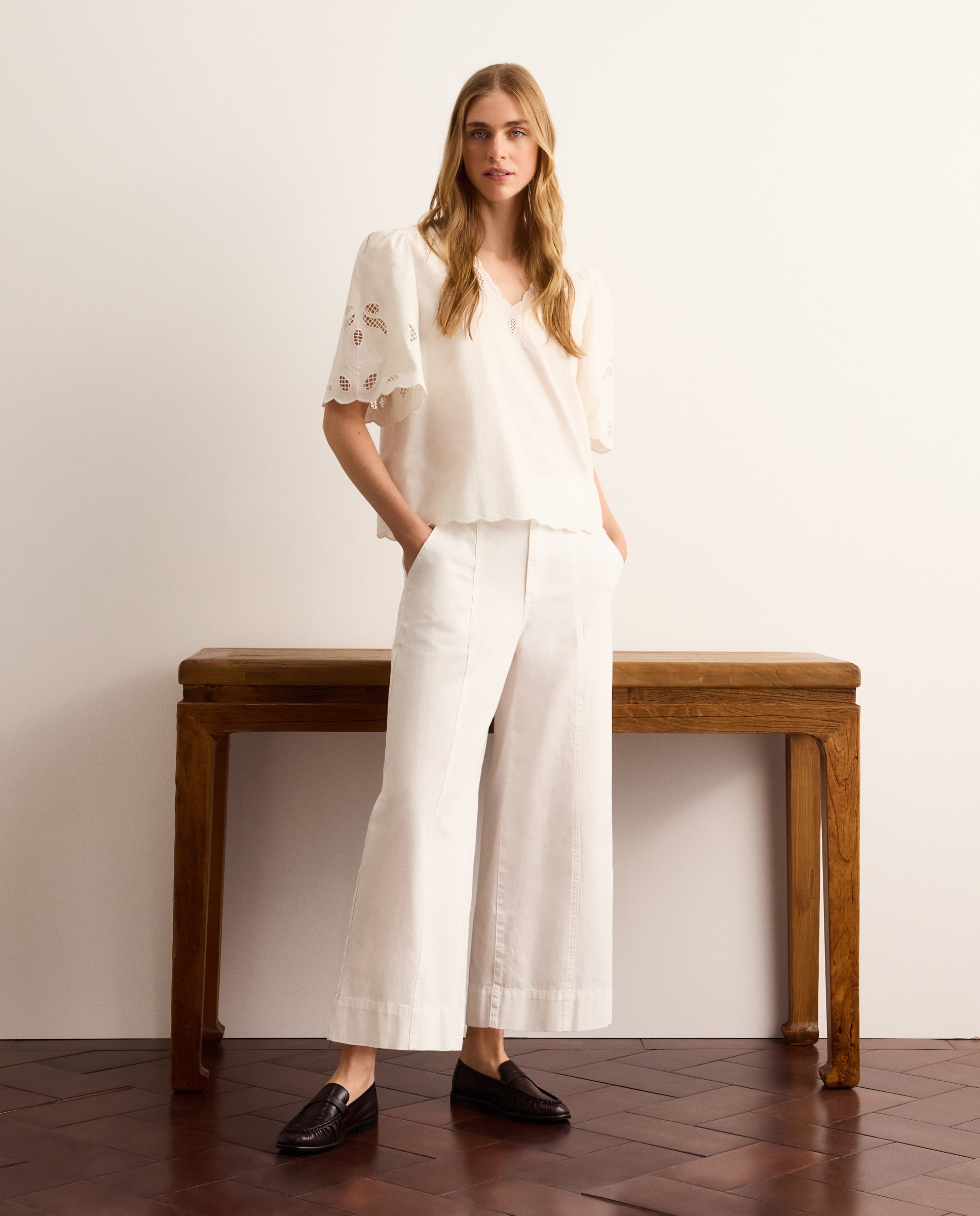 Blusa manga corta de mujer en lino troquelada - Lloyd's - Blanco roto Blanco roto-1