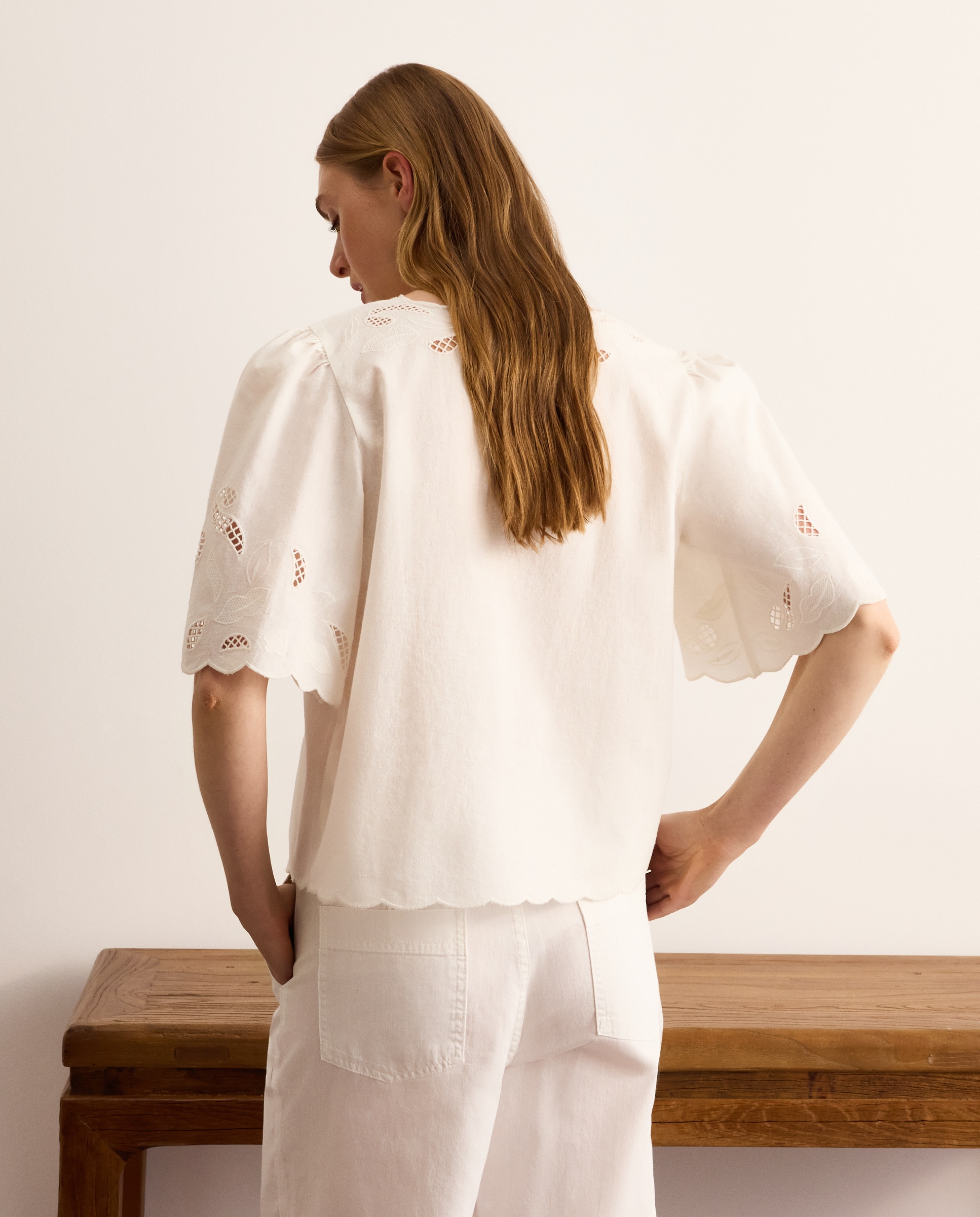 Blusa manga corta de mujer en lino troquelada - Lloyd's - Blanco roto Blanco roto-3