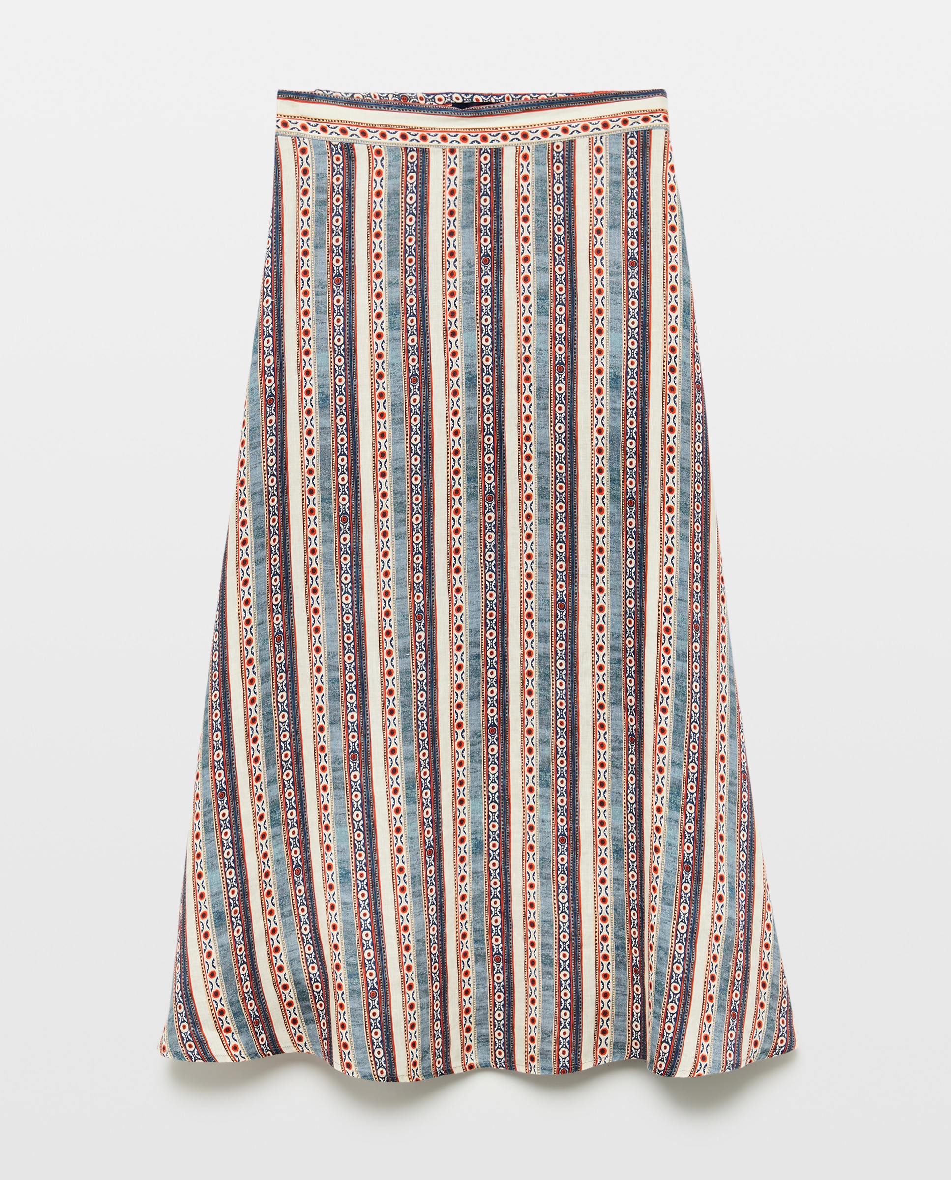 Falda midi de lino con flor y rayas - Lloyd's - Blanco Azul-4