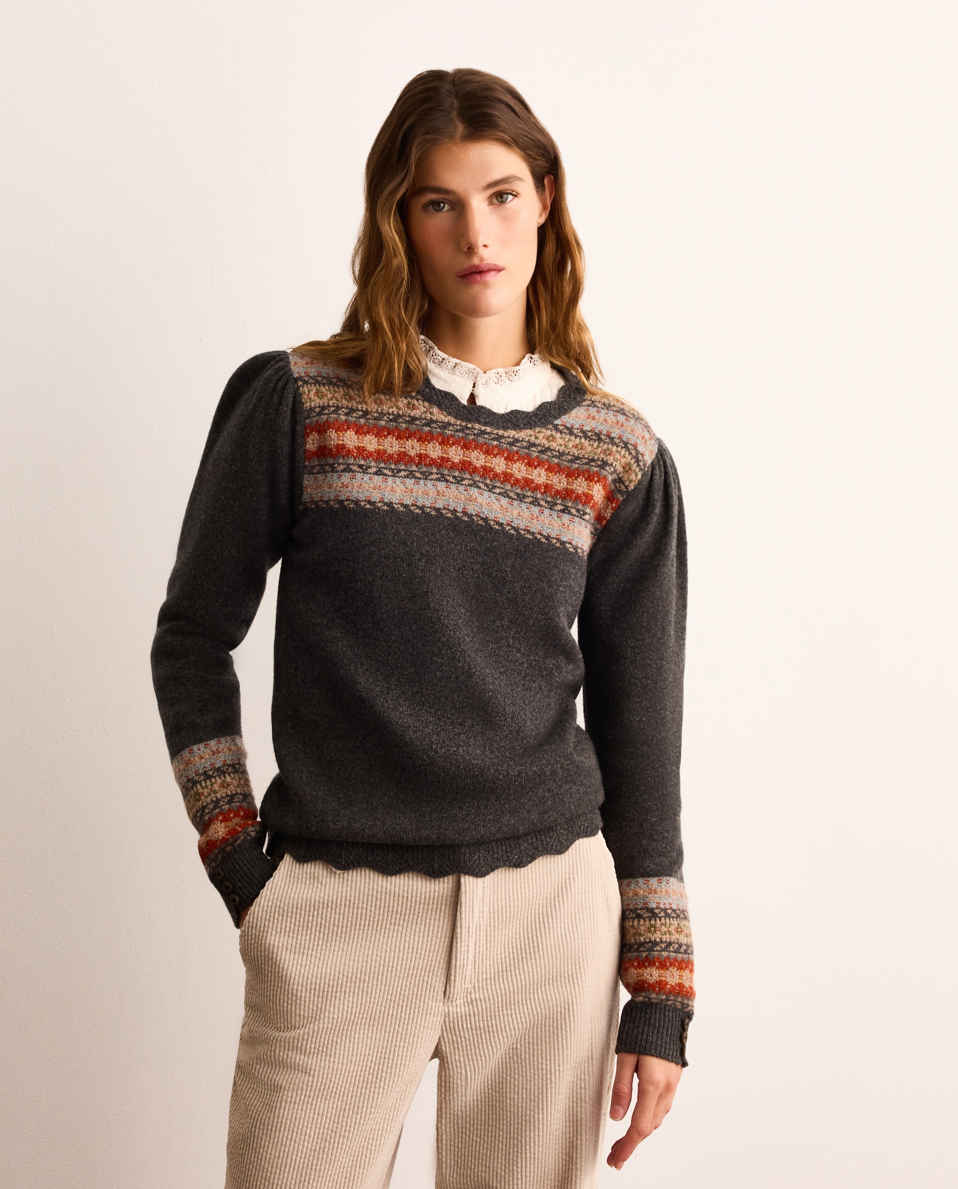 Jersey de mujer con cuello caja y canesú jacquard - Lloyd's - 820 Gris medio 820 Gris medio-1