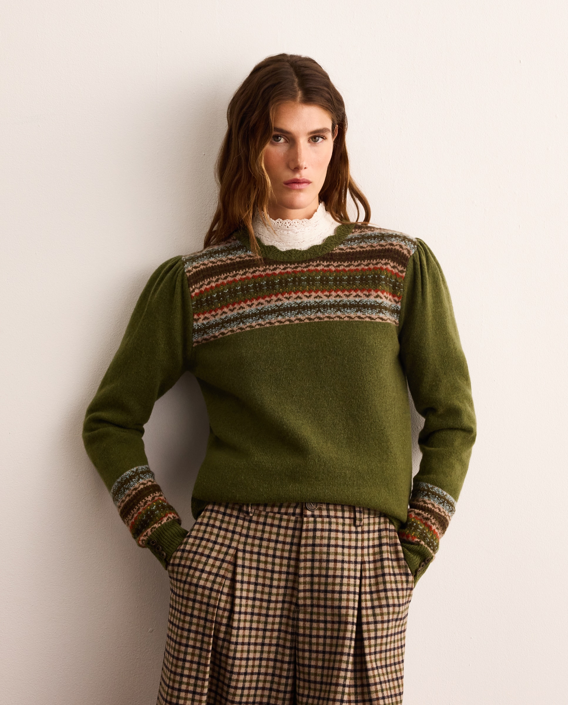 Jersey de mujer con cuello caja y canesú jacquard - Lloyd's - Verde Verde-1