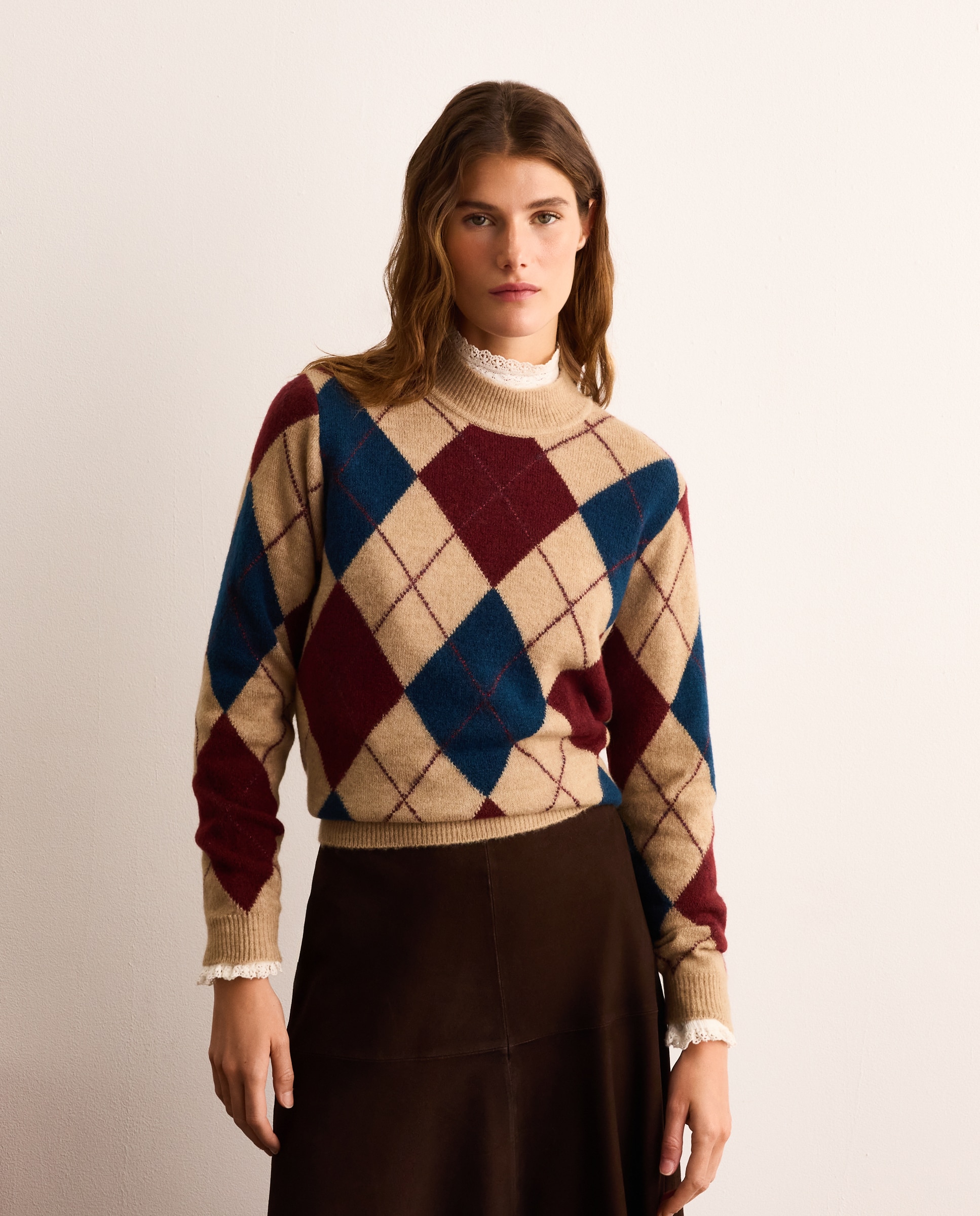 Jersey de mujer con cuello caja y con intarsia de rombos - Lloyd's - Beige Beige-1