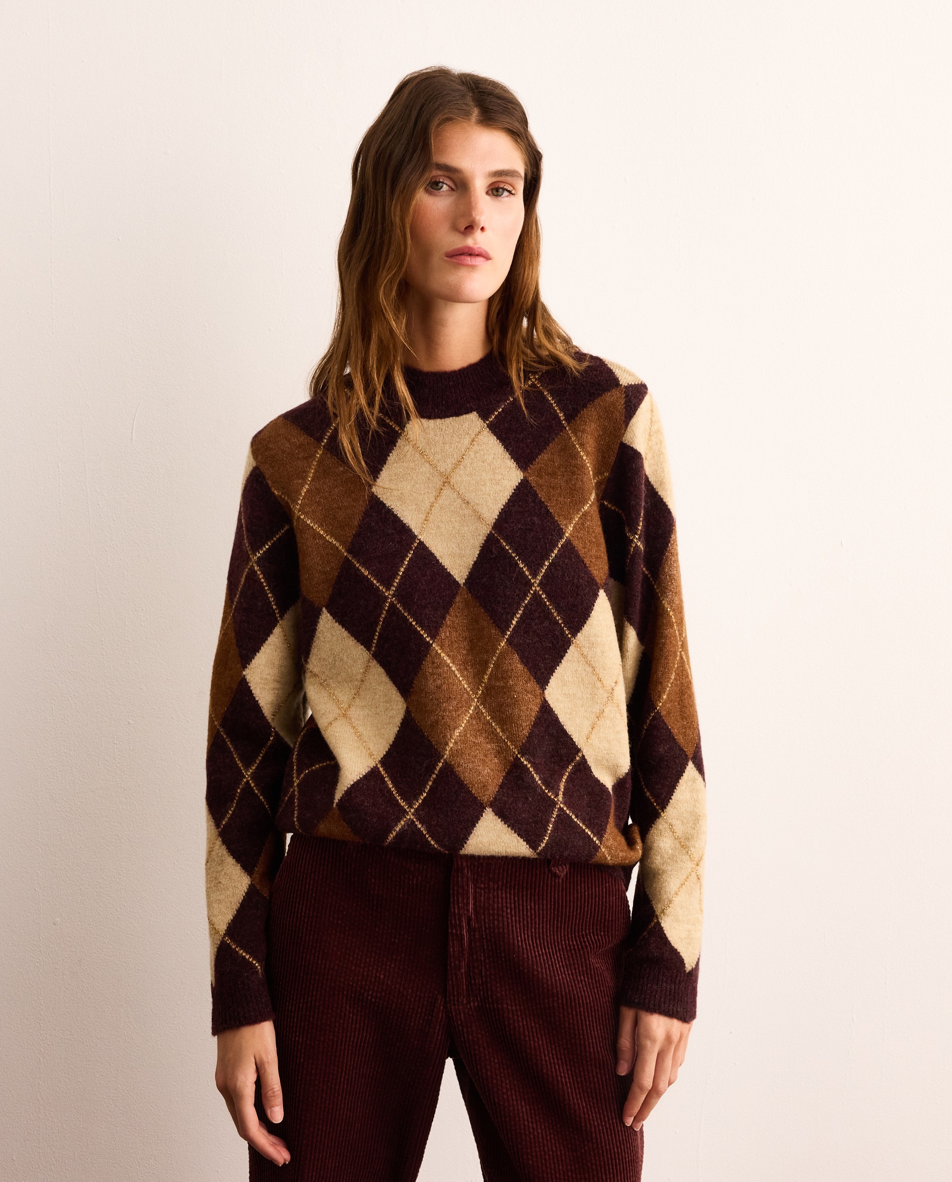 Jersey de mujer con cuello caja y con intarsia de rombos - Lloyd's - Marrón Marrón-1