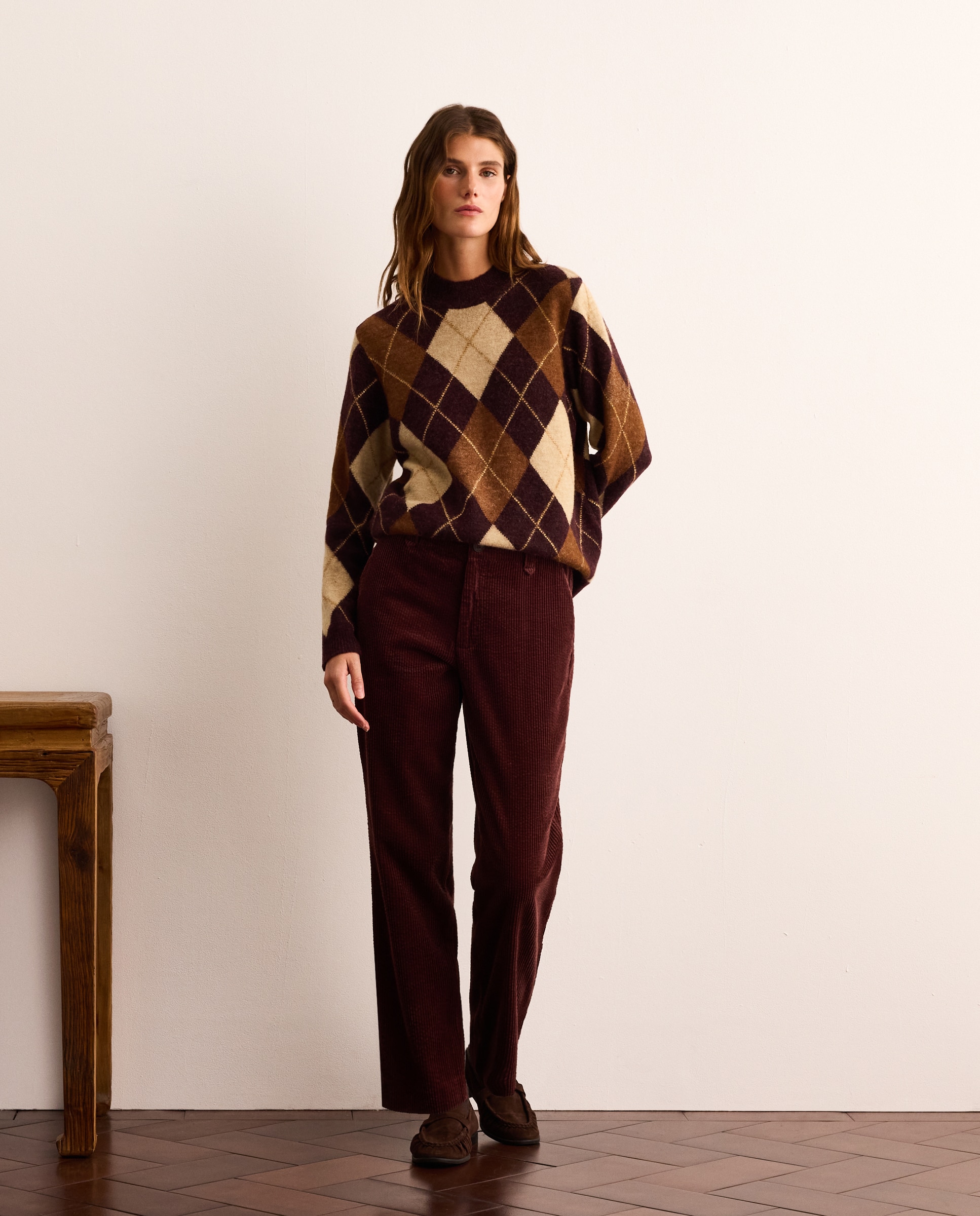 Jersey de mujer con cuello caja y con intarsia de rombos - Lloyd's - Marrón Marrón-2